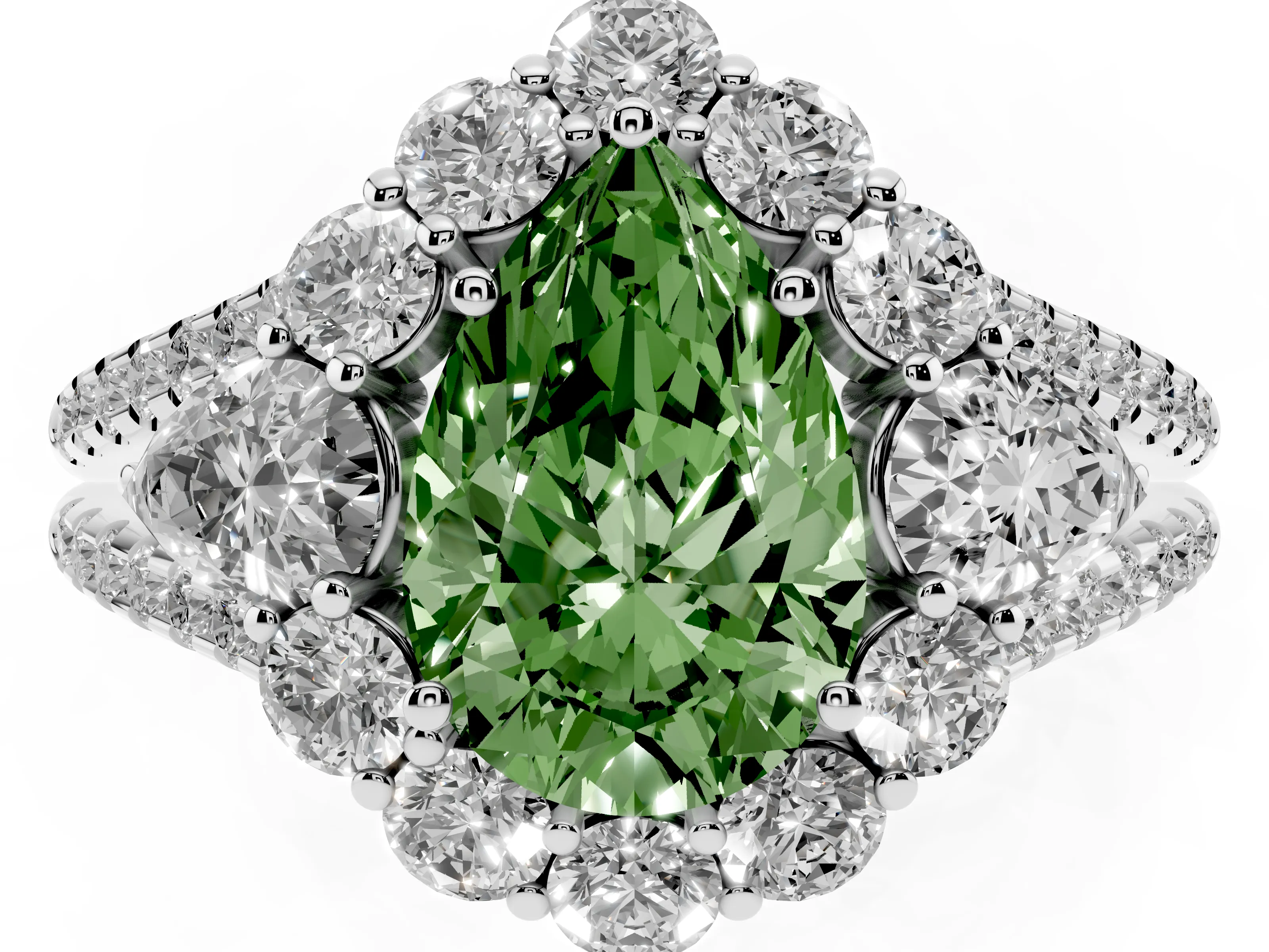 Fancy Green Pear Cut Diamond Halo Split Shank Engagement Ring Set in Platinum with Prong-Held Center Stone
