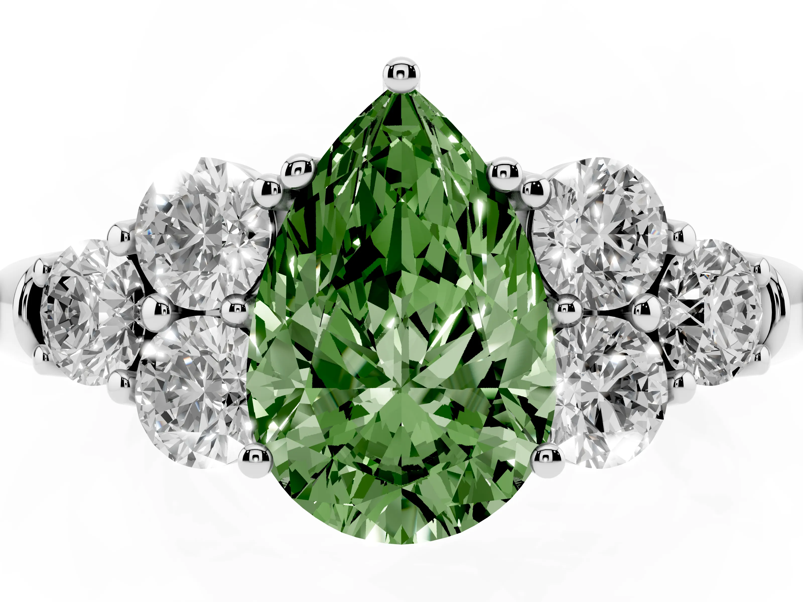 Fancy Green Pear Cut Diamond Cluster Ring Set in Silver with Round Accent Stones and Prong Setting on a Plain Band