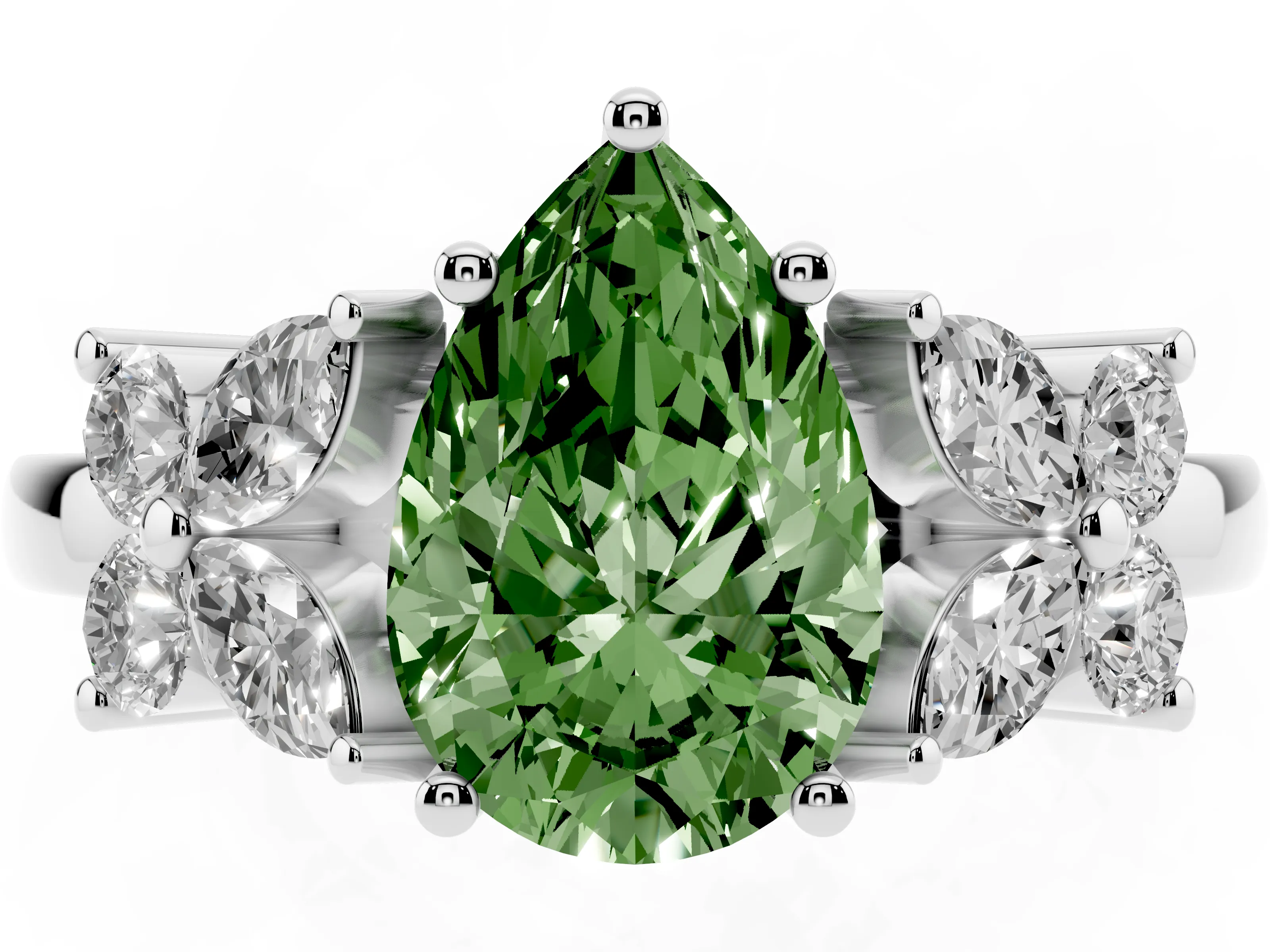 Fancy Green Pear Cut Diamond Floral Cluster Ring Set in Silver with Marquise Petals and Prong Setting