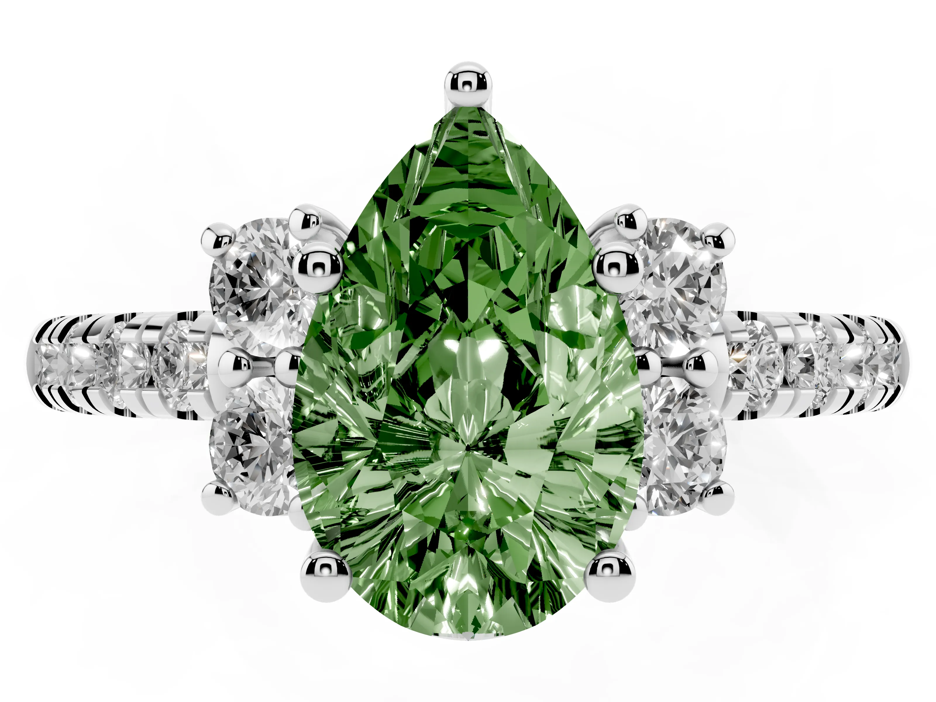 Fancy Green Pear Cut Diamond Three-Stone Pavé Ring Set in White gold with Prong Setting