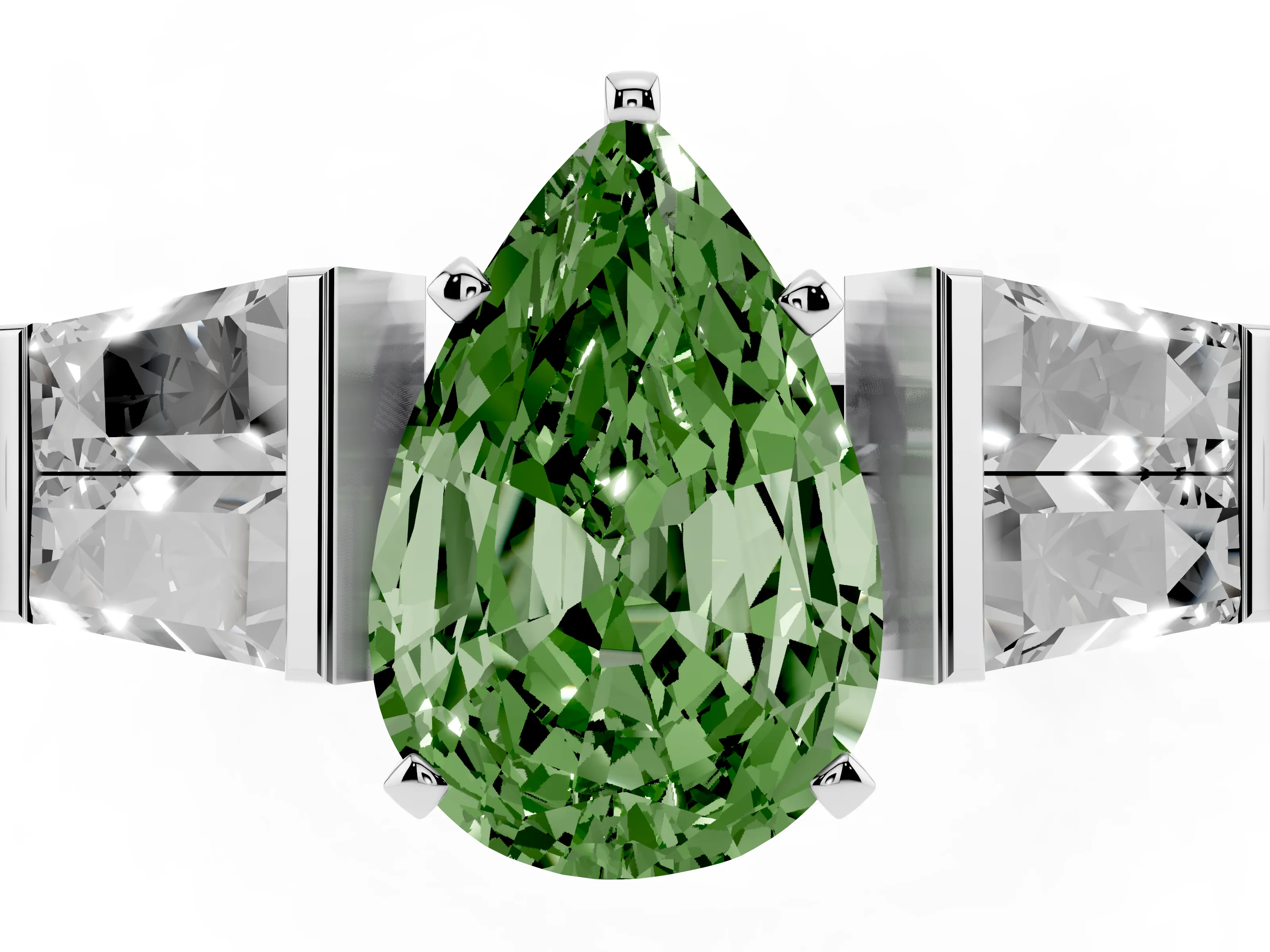 Fancy Green Pear Cut Diamond Engagement Ring Set in White gold with Baguette Side Stones and Channel Set Band