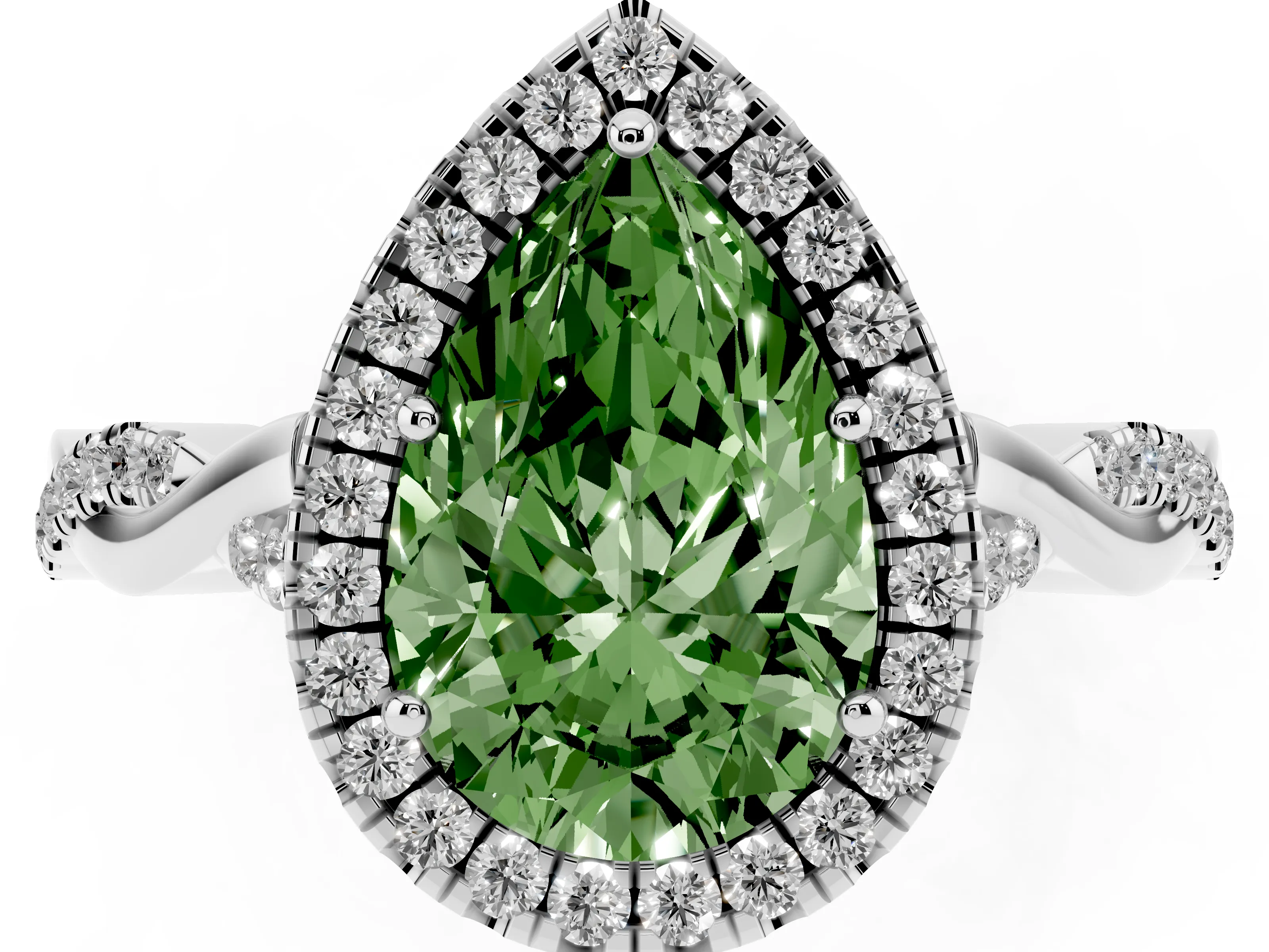 Fancy Green Pear Cut Diamond Halo Twist Band Solitaire Ring Set in White gold with Prong Setting