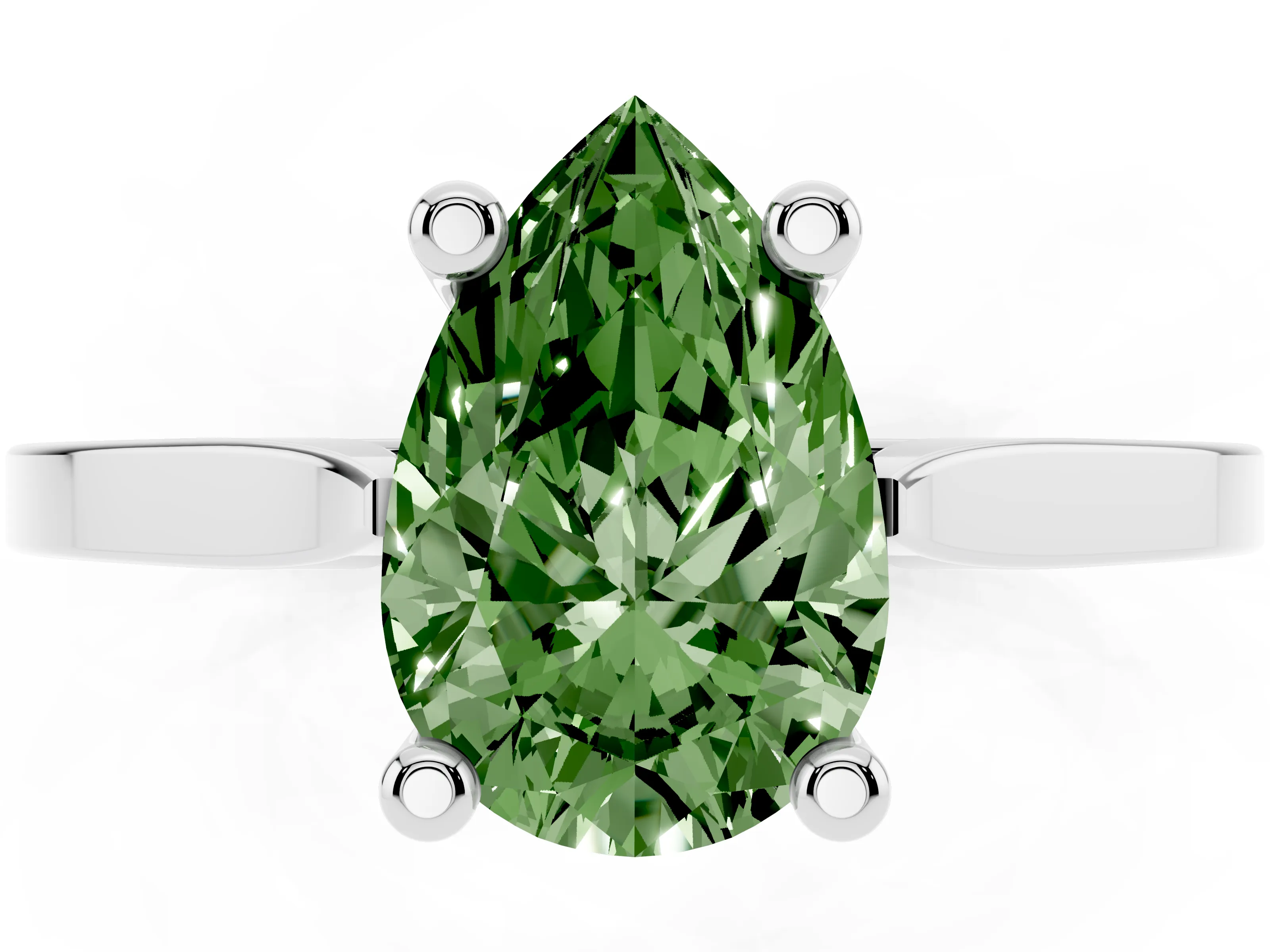 Fancy Green Pear Cut Diamond Solitaire Ring Set in Platinum with Prong Setting and Tapered Band