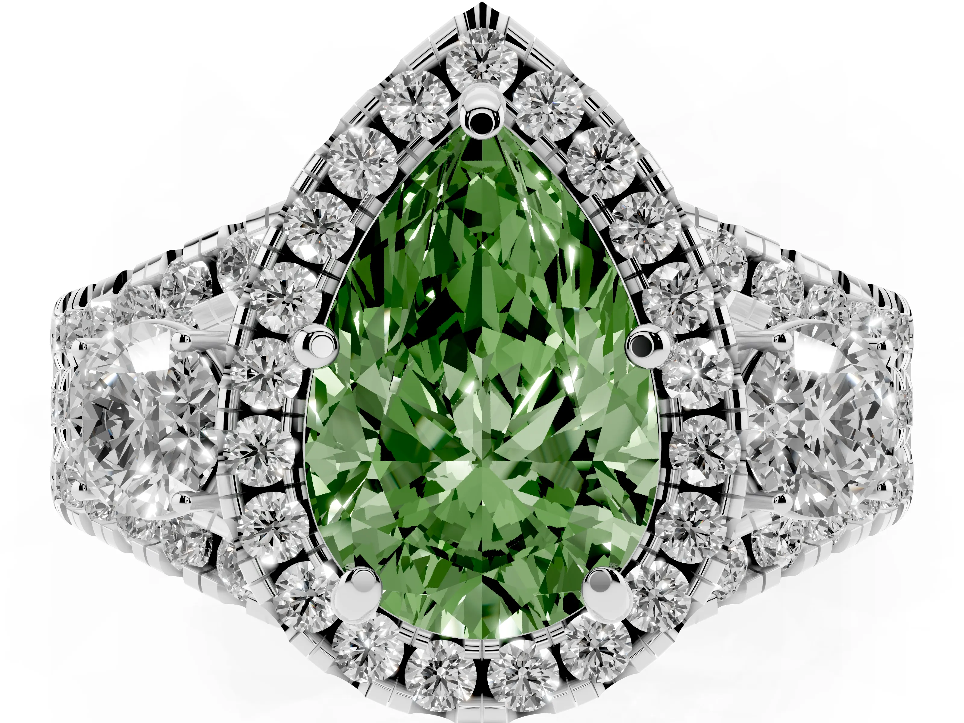 Fancy Green Pear Cut Diamond Halo Split Shank Ring Set in White gold with Round Accent Stones and Prong Setting