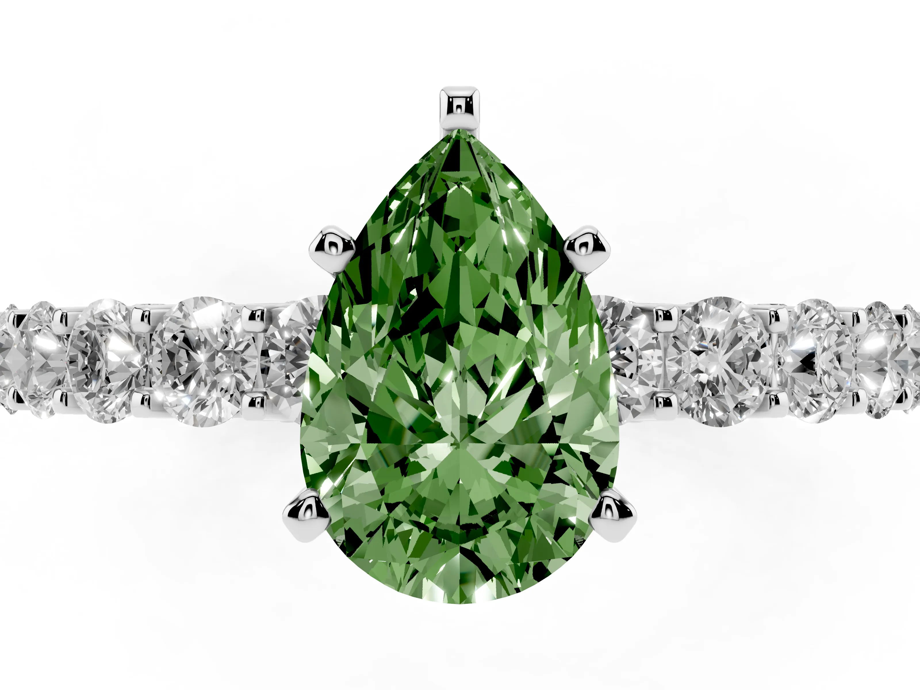 Fancy Green Pear Cut Diamond Solitaire Ring Set in Platinum with Shared Prong Pavé Band