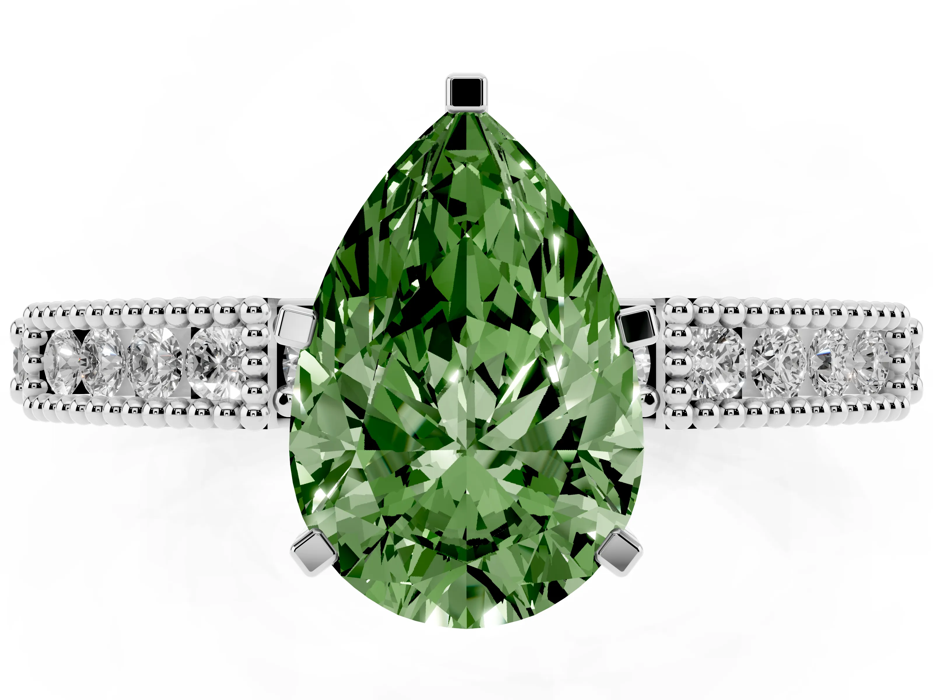 Fancy Green Pear Cut Diamond Solitaire Ring Set in Silver with Slim Pavé Band and Prong Setting