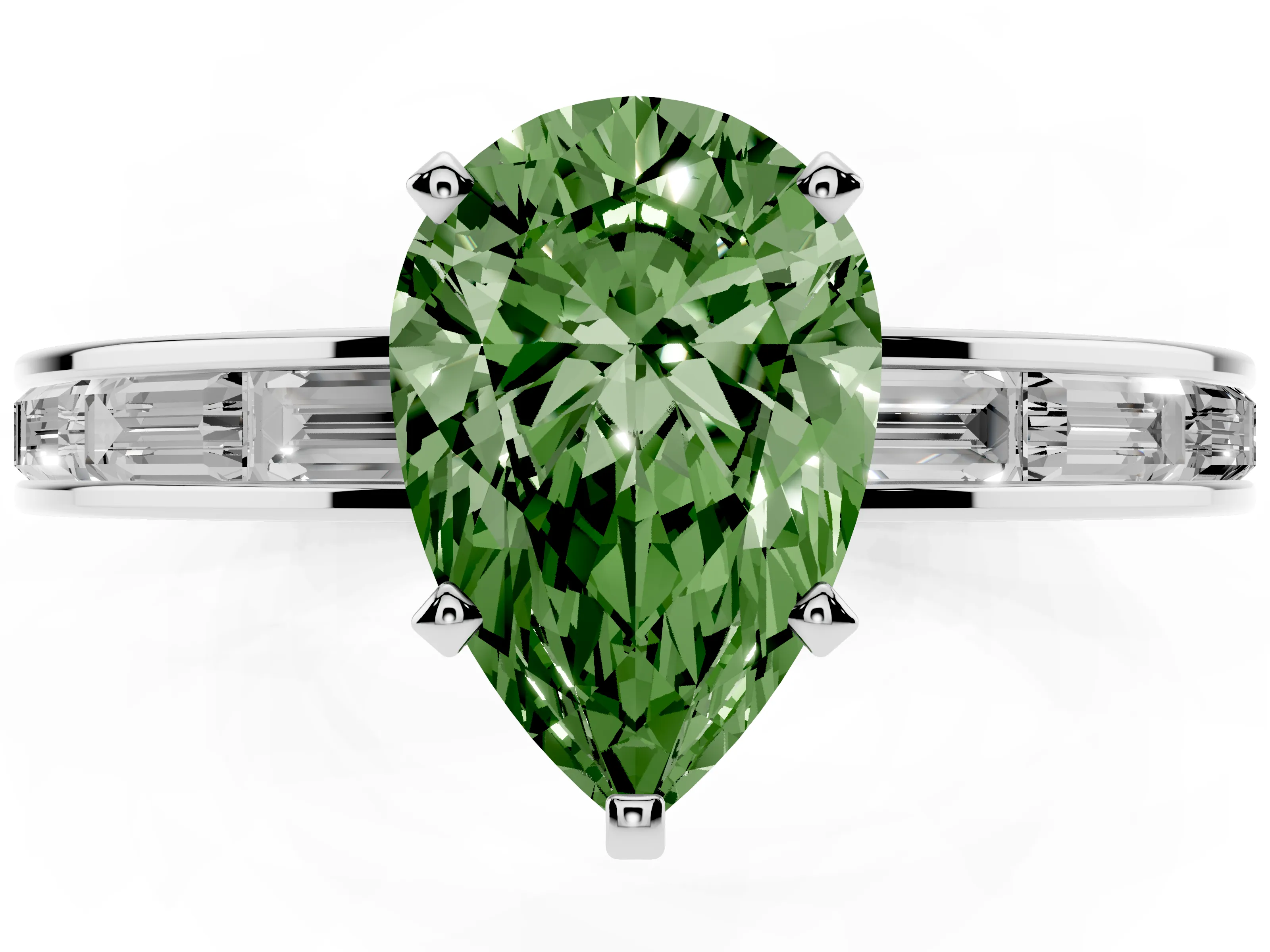 Fancy Green Pear Cut Diamond Solitaire Ring Set in Platinum with Channel-Set Baguette Band and Prong Setting