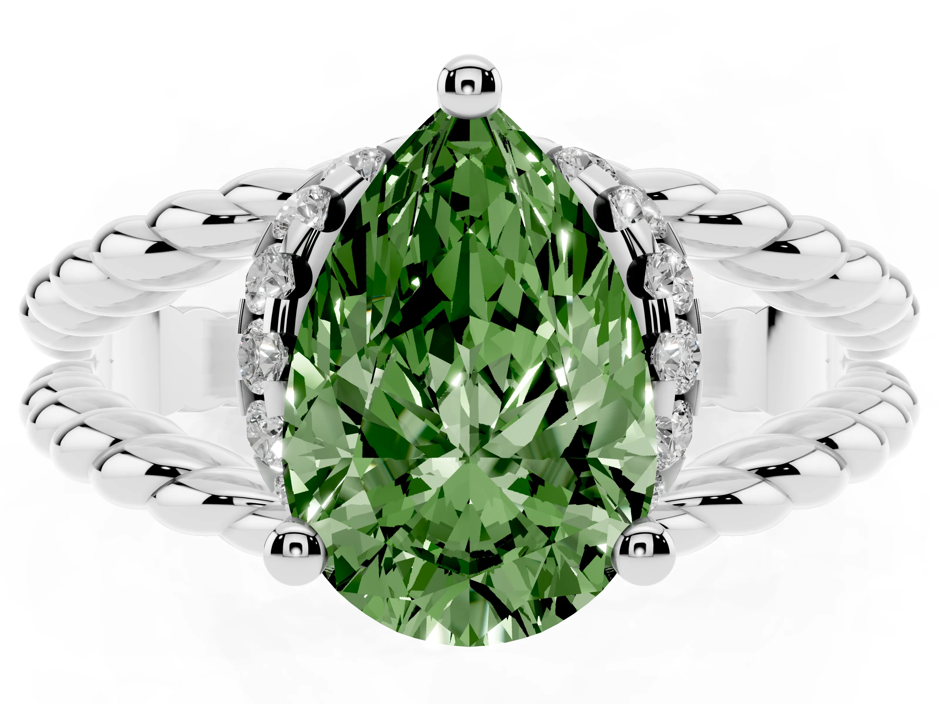 Fancy Green Pear Cut Diamond Halo Ring Set in White gold with Twisted Band and Prong Setting