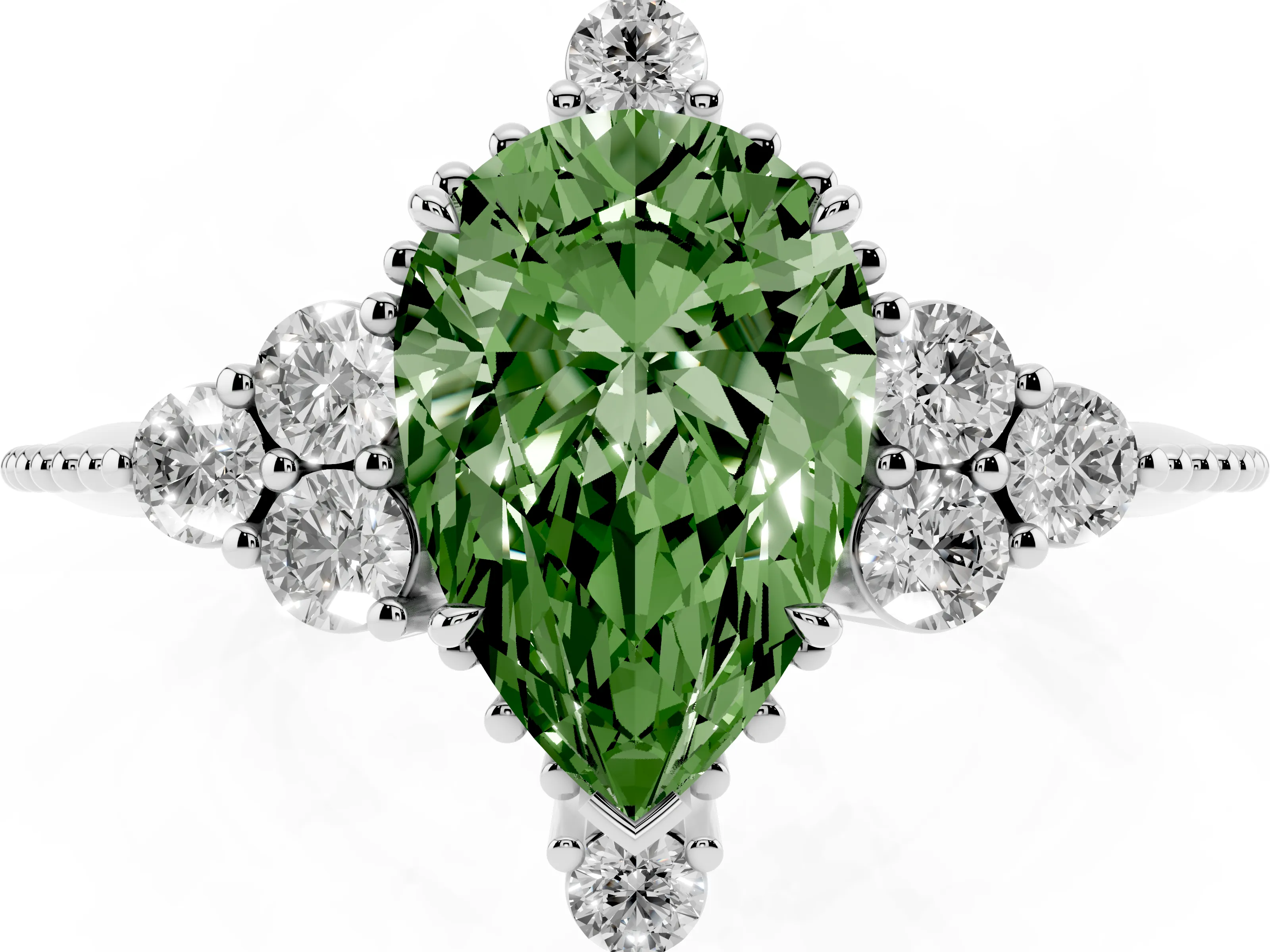 Fancy Green Pear Cut Diamond Cluster Ring Set in Silver with Beaded Band