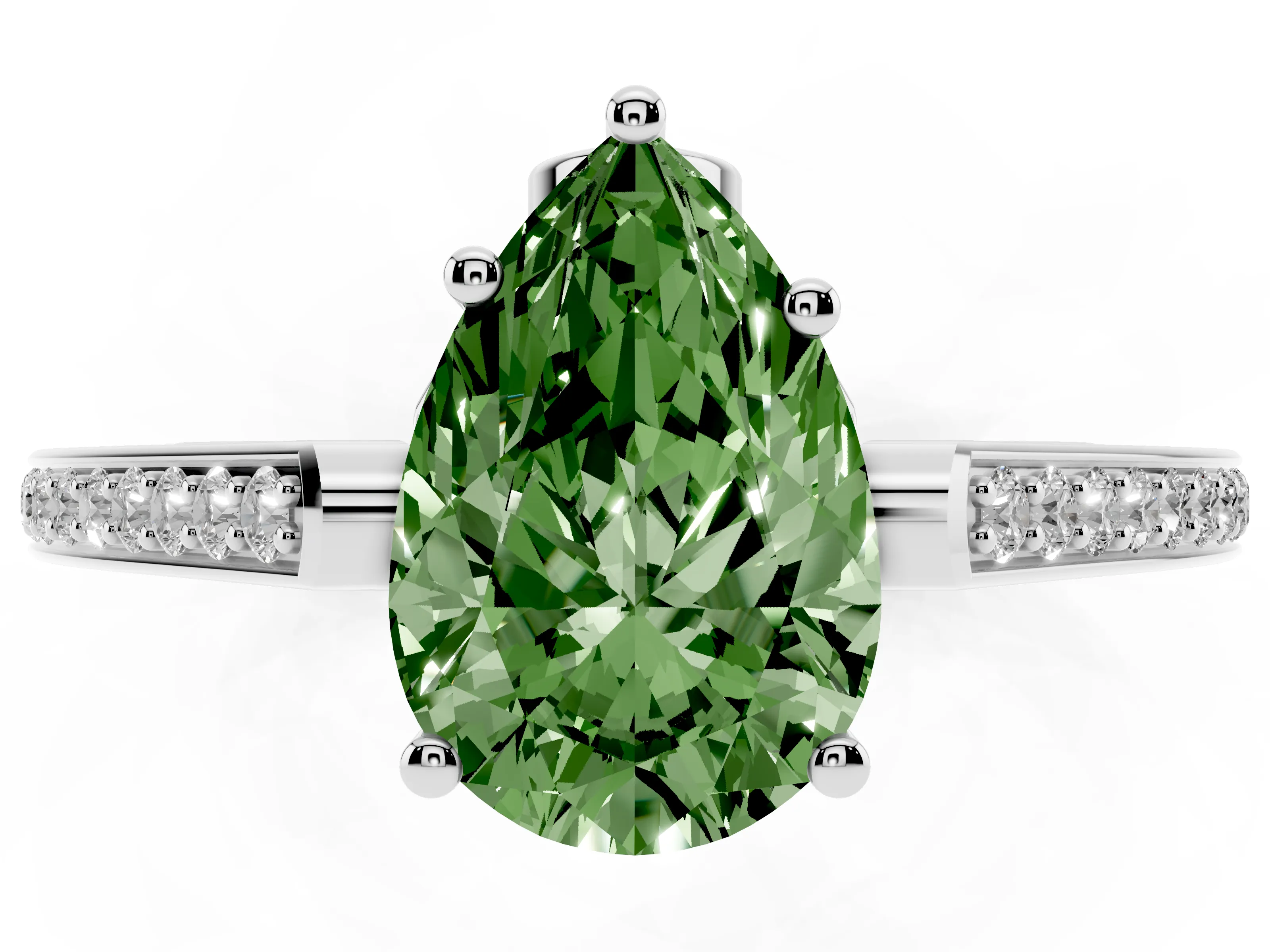 Fancy Green Pear Cut Diamond Cathedral Pavé Engagement Ring Set in White gold with Prong Setting