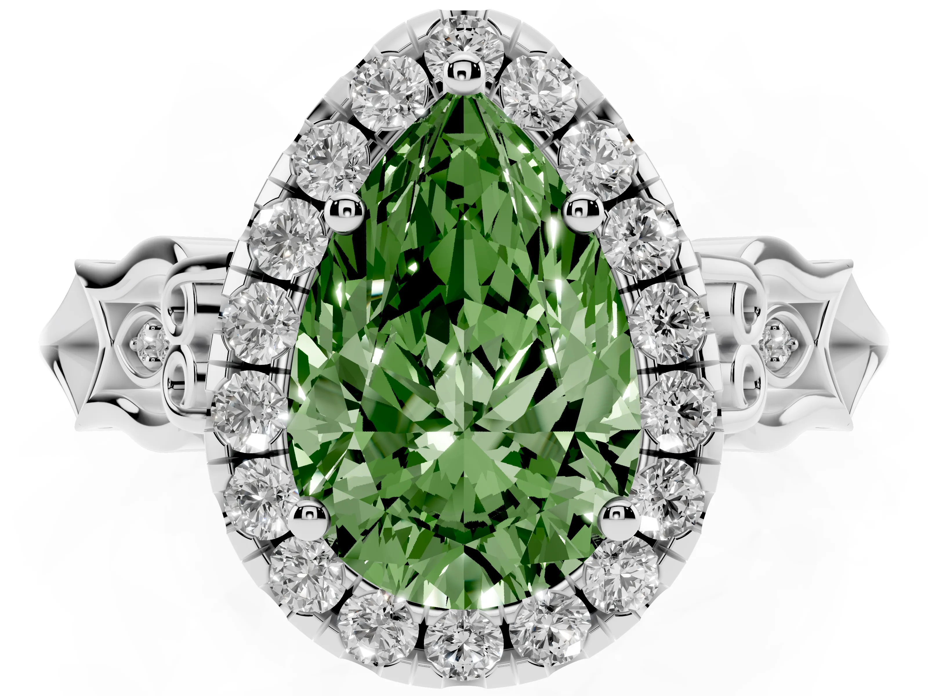 Fancy Green Pear Cut Diamond Halo Engagement Ring Set in Platinum with Filigree Band and Prong-Set Center