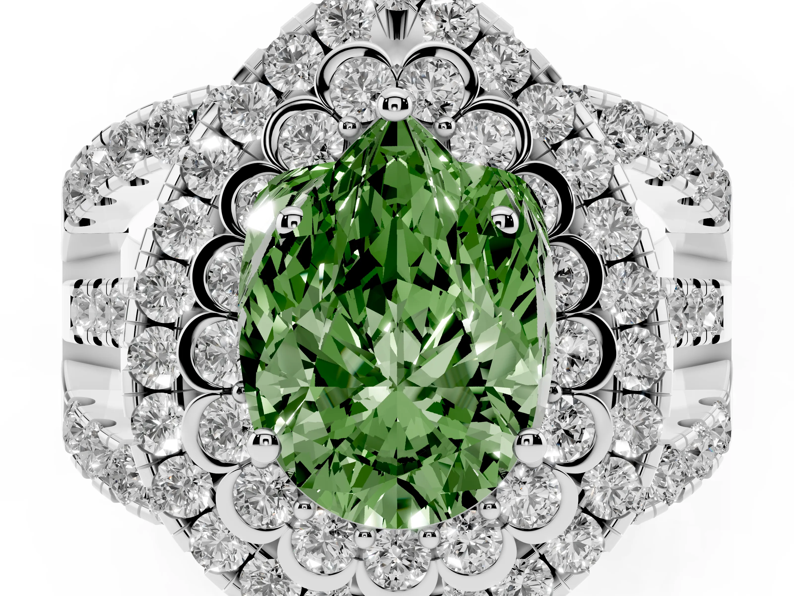 Fancy Green Pear Cut Diamond Double Halo Ring Set in Silver with Round Pavé Split Shank