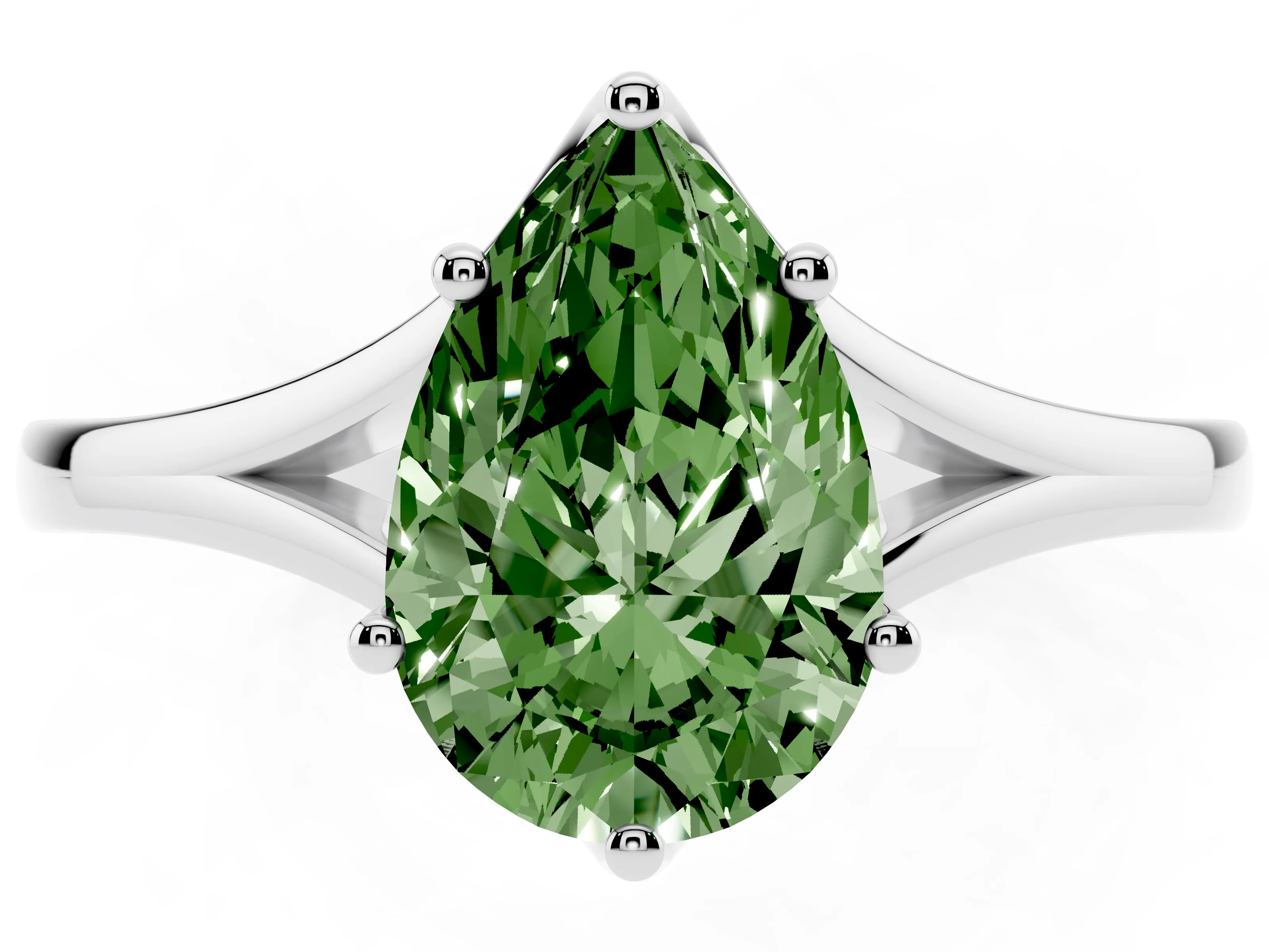 Fancy Green Pear Cut Diamond Solitaire Ring Set in Silver with Polished Tapered Band and Prong Setting