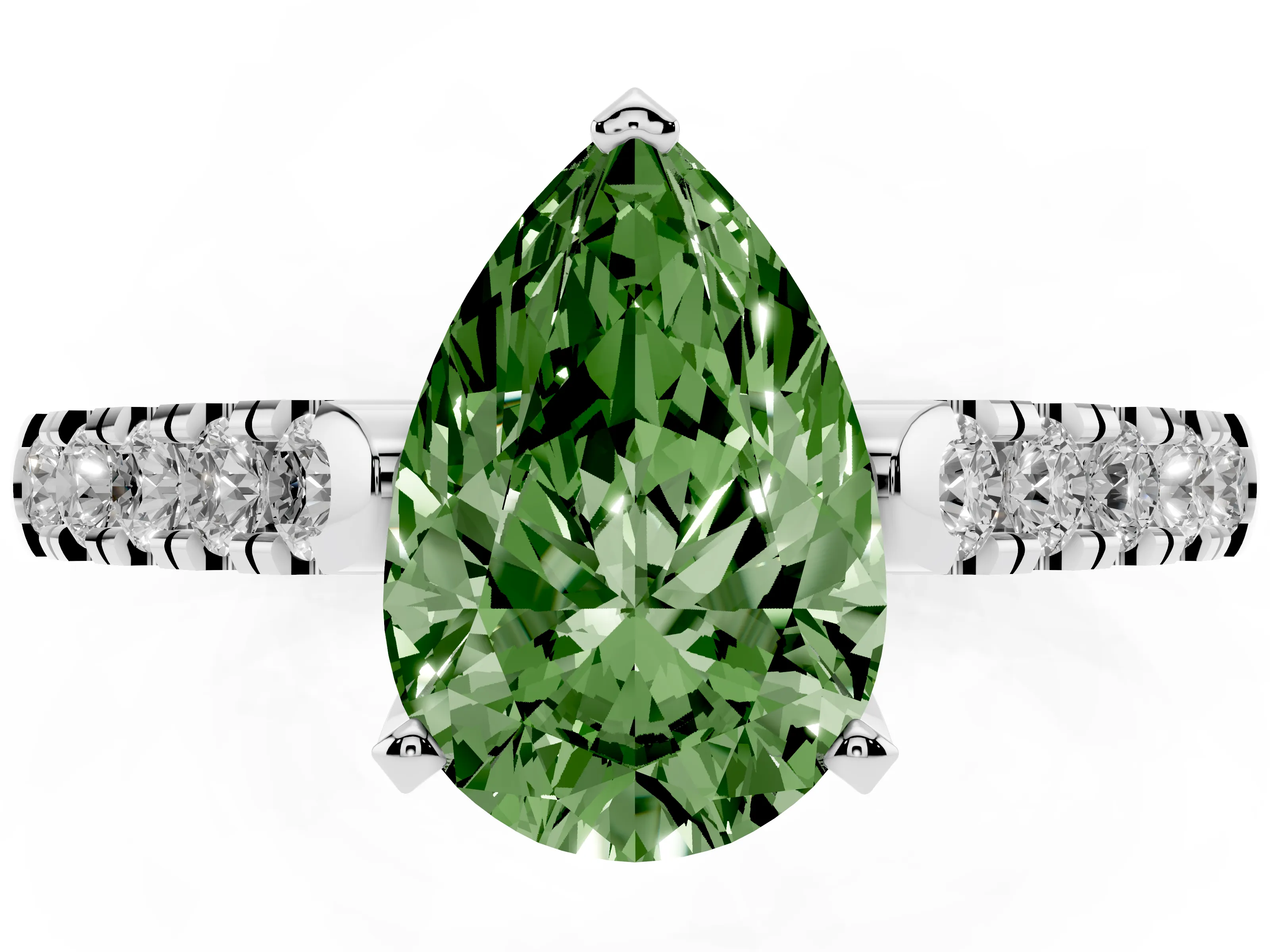 Fancy Green Pear Cut Diamond Pavé Band Solitaire Ring Set in White gold with Partway Accent Stones and Prong Setting