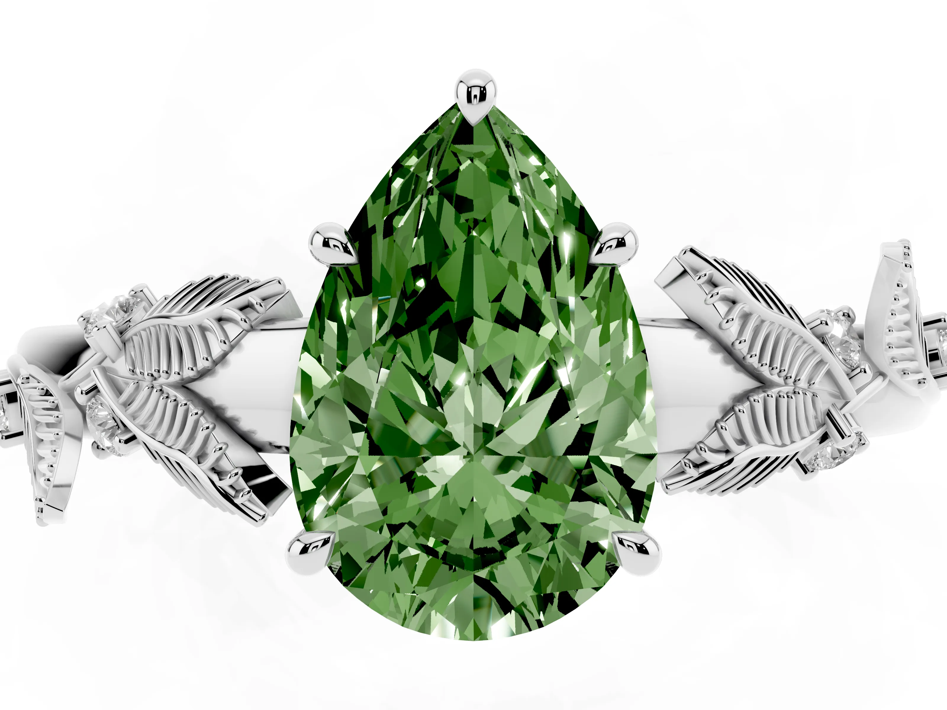 Fancy Green Pear Cut Diamond Solitaire Ring Set in Platinum with Leaf Motif Band