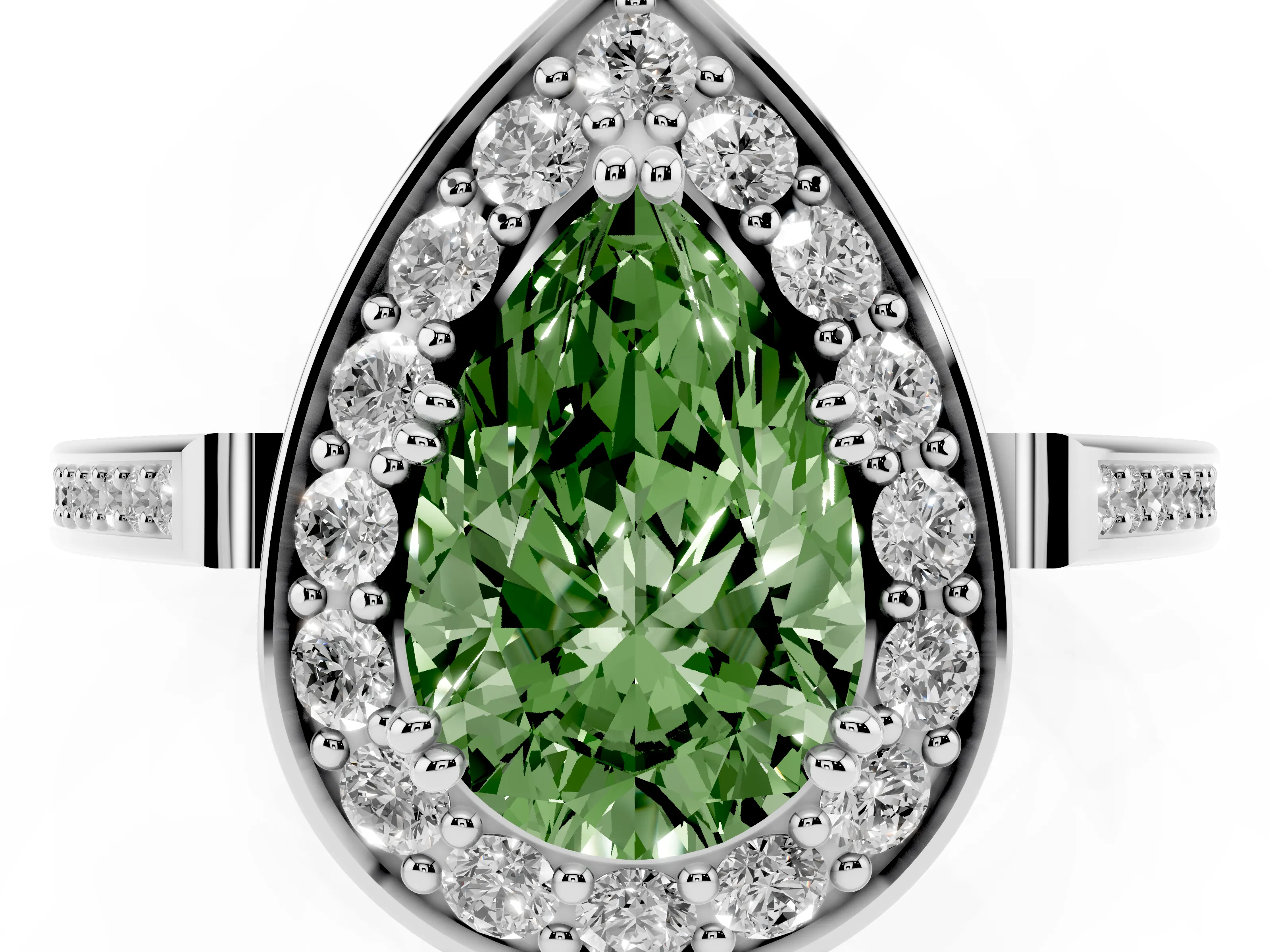 Fancy Green Pear Cut Diamond Halo Ring Set in Silver with Accent-Lined Split Shank and Prong Setting