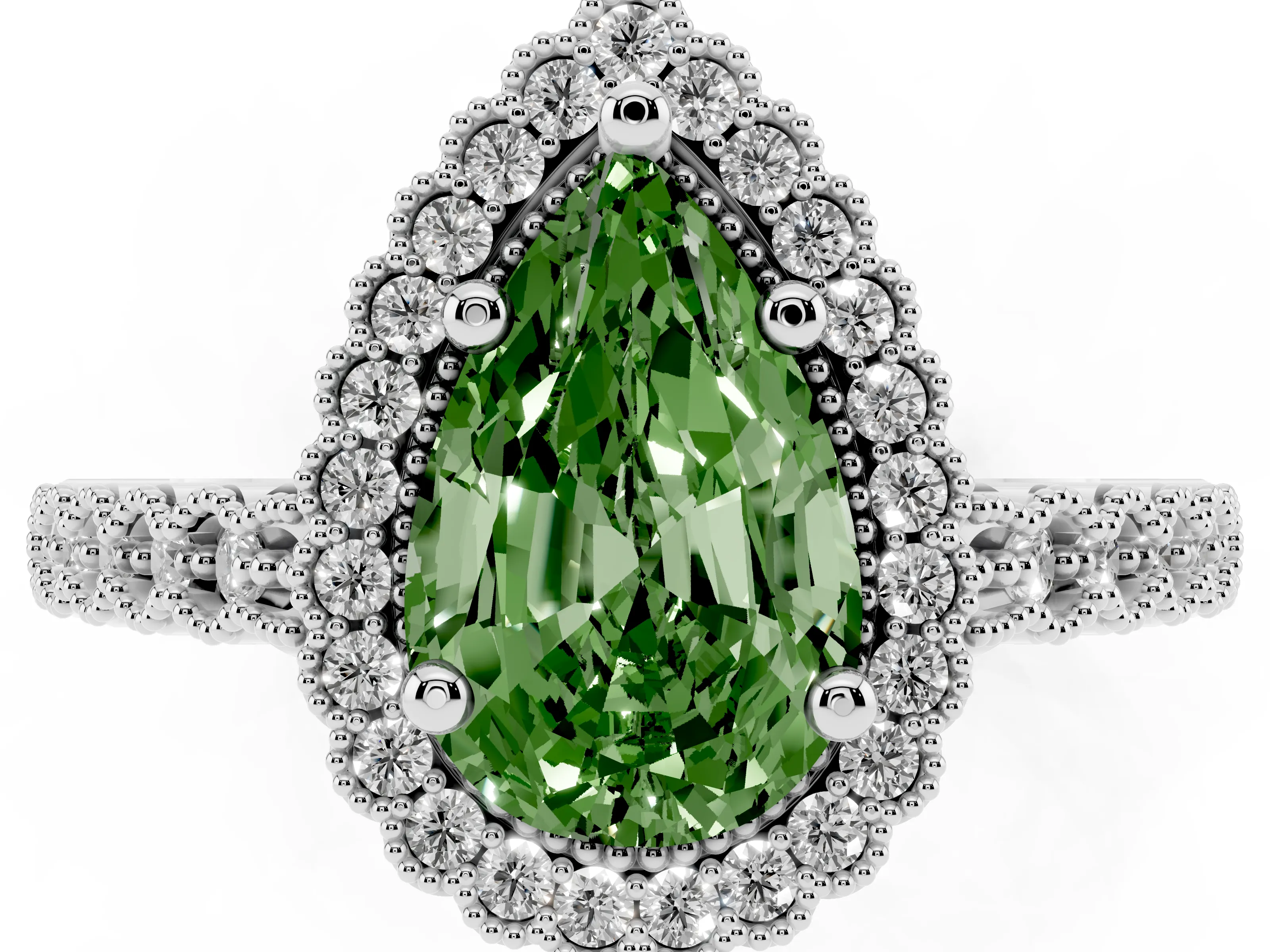 Fancy Green Pear Cut Diamond Halo Ring Set in Platinum with Pavé Milgrain Band