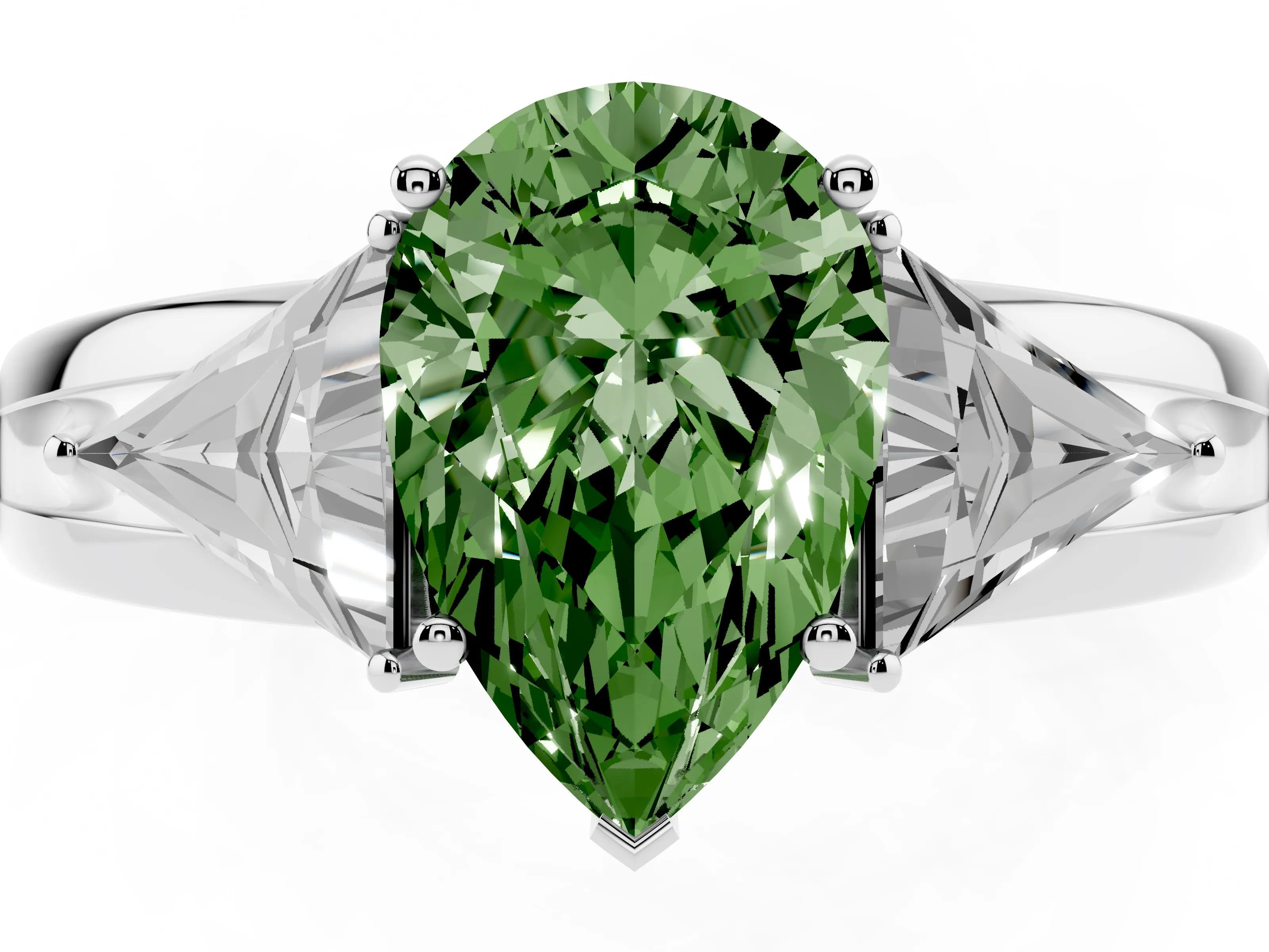 Fancy Green Pear Cut Diamond Three-Stone Ring Set in Silver with Trillion Side Stones and Split Shank