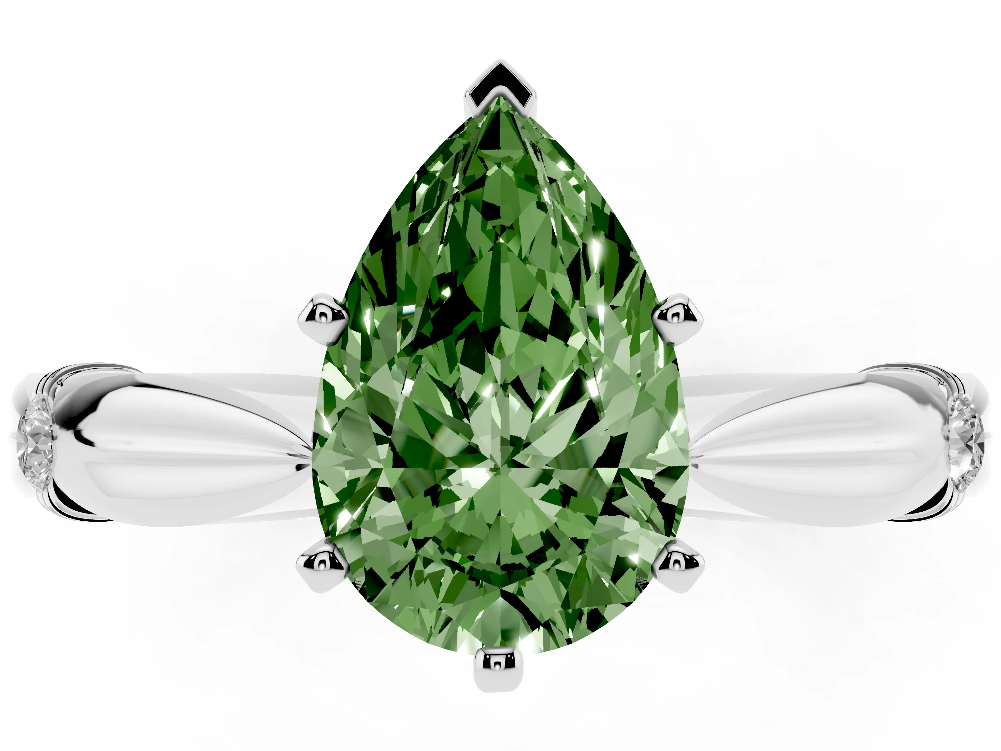 Fancy Green Pear Cut Diamond Solitaire Twisted Band Ring Set in Platinum with Accent Stones and Prong Setting