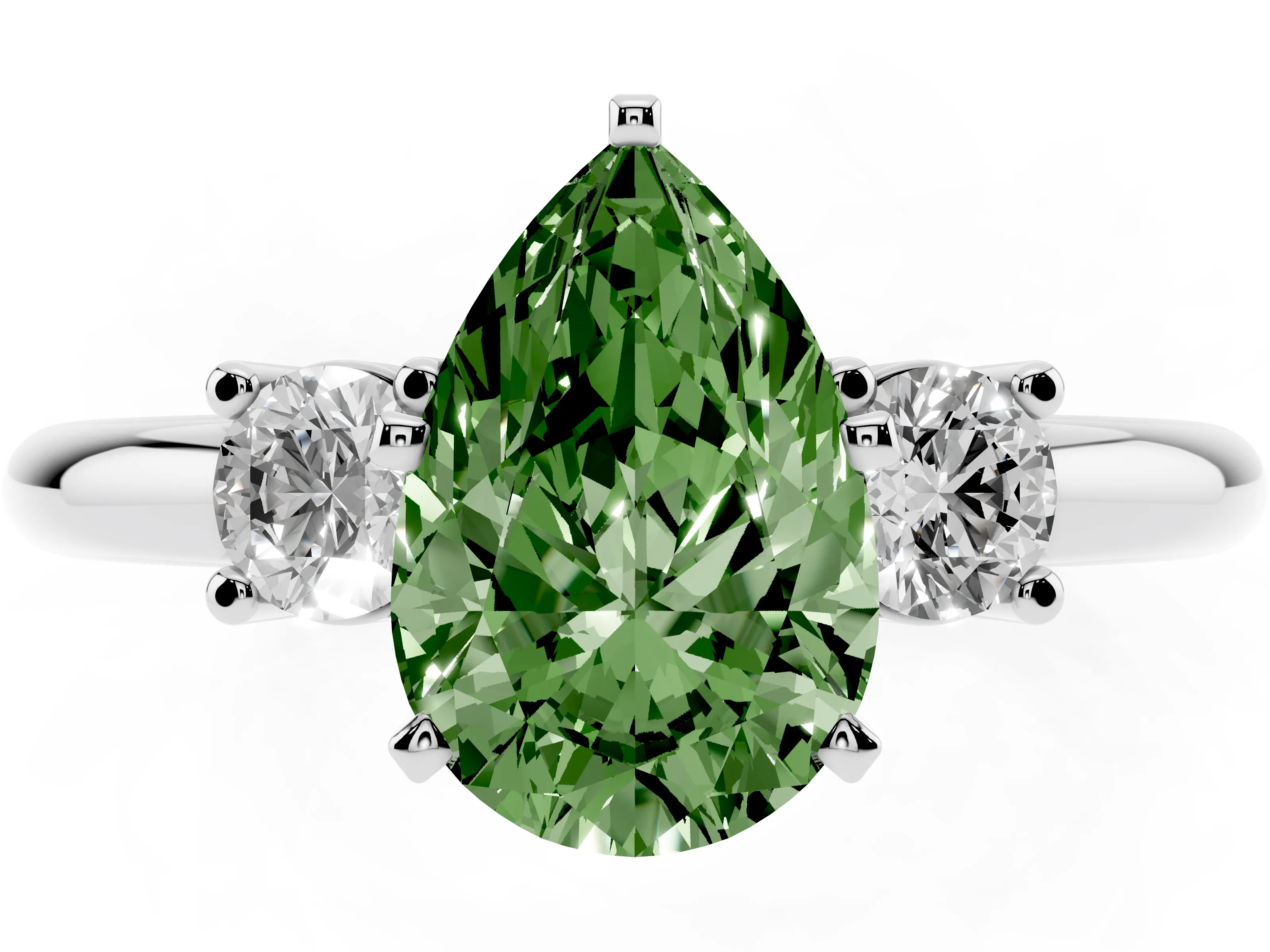 Fancy Green Three-Stone Pear Cut Diamond Ring Set in Platinum with Prong Setting and Plain Band