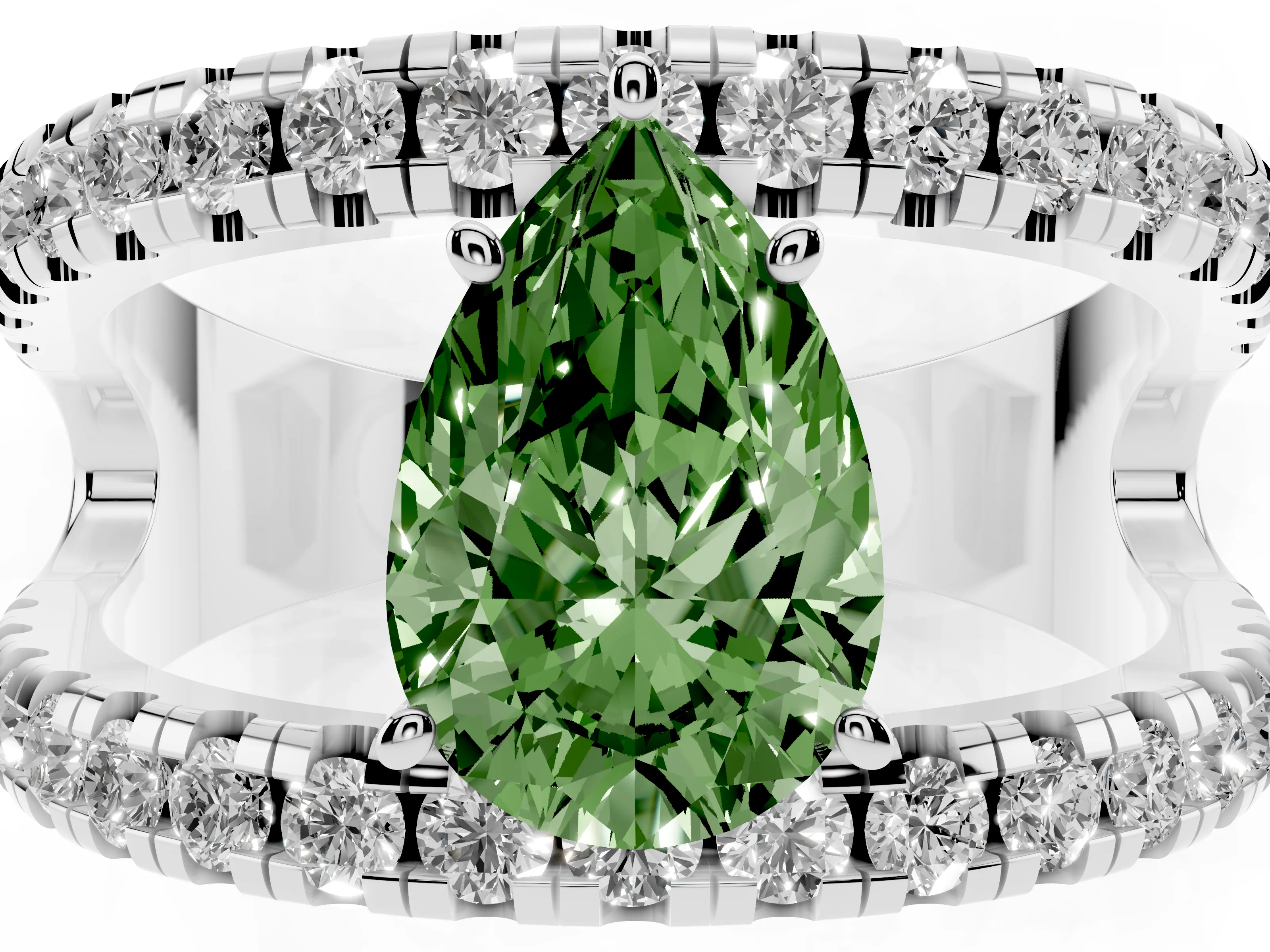 Fancy Green Pear Cut Diamond Split Shank Pavé Solitaire Ring Set in Platinum with Open Shank Design