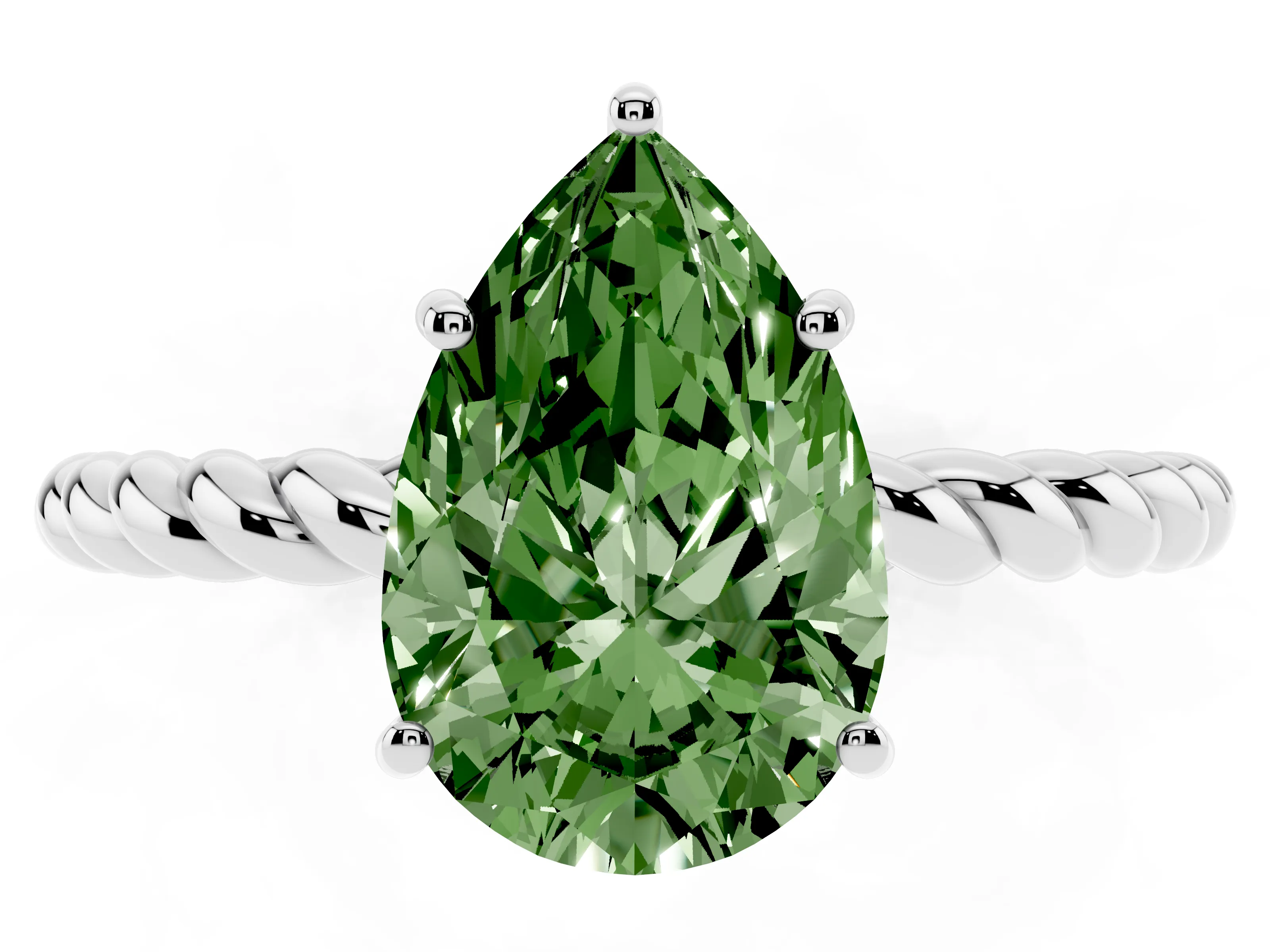 Fancy Green Pear Cut Diamond Solitaire Ring Set in White gold with Twist Band and Prong Setting