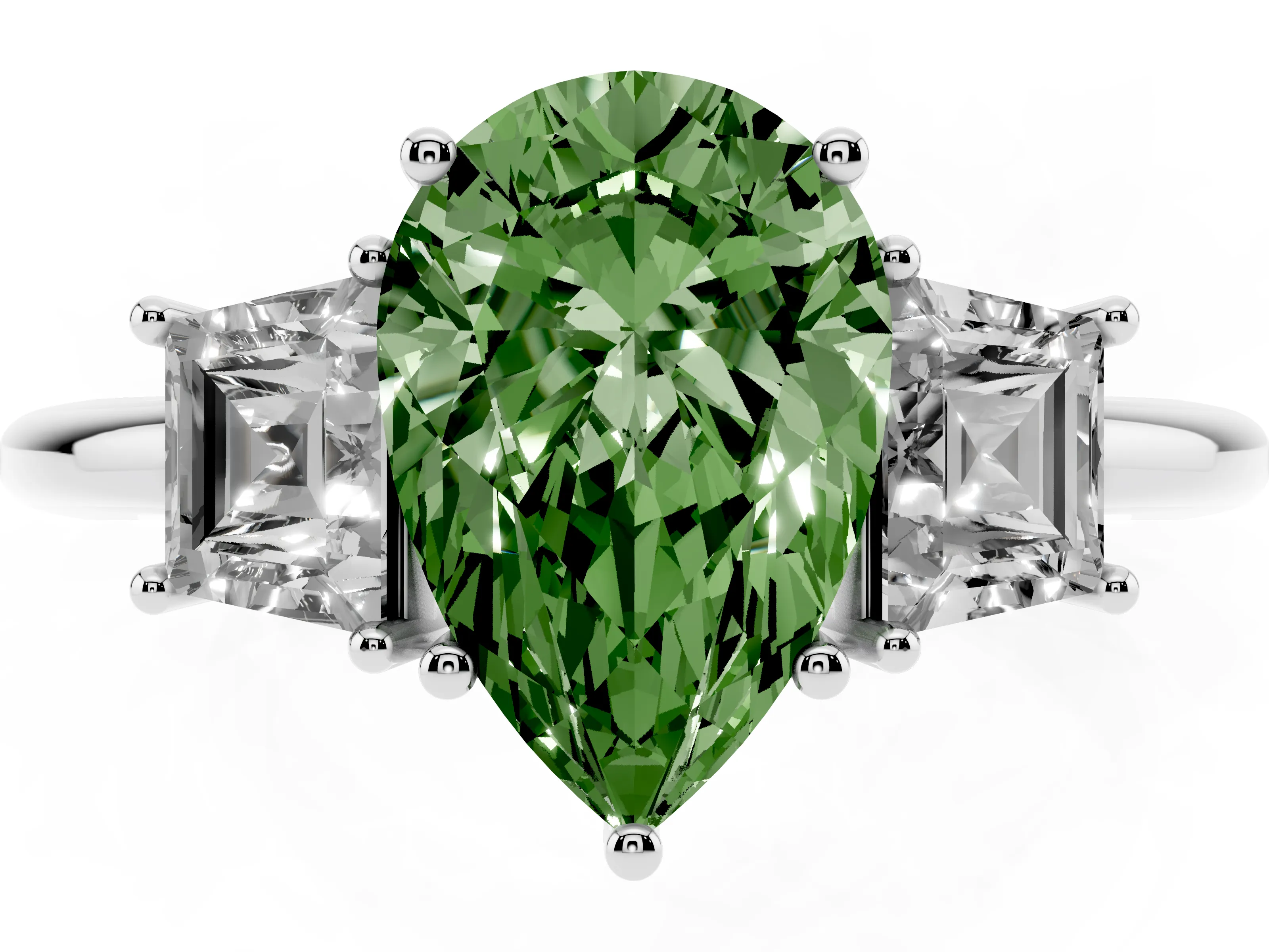 Fancy Green Pear Cut Diamond Three-Stone Ring Set in White gold with Trapezoid Side Stones and Prong Setting