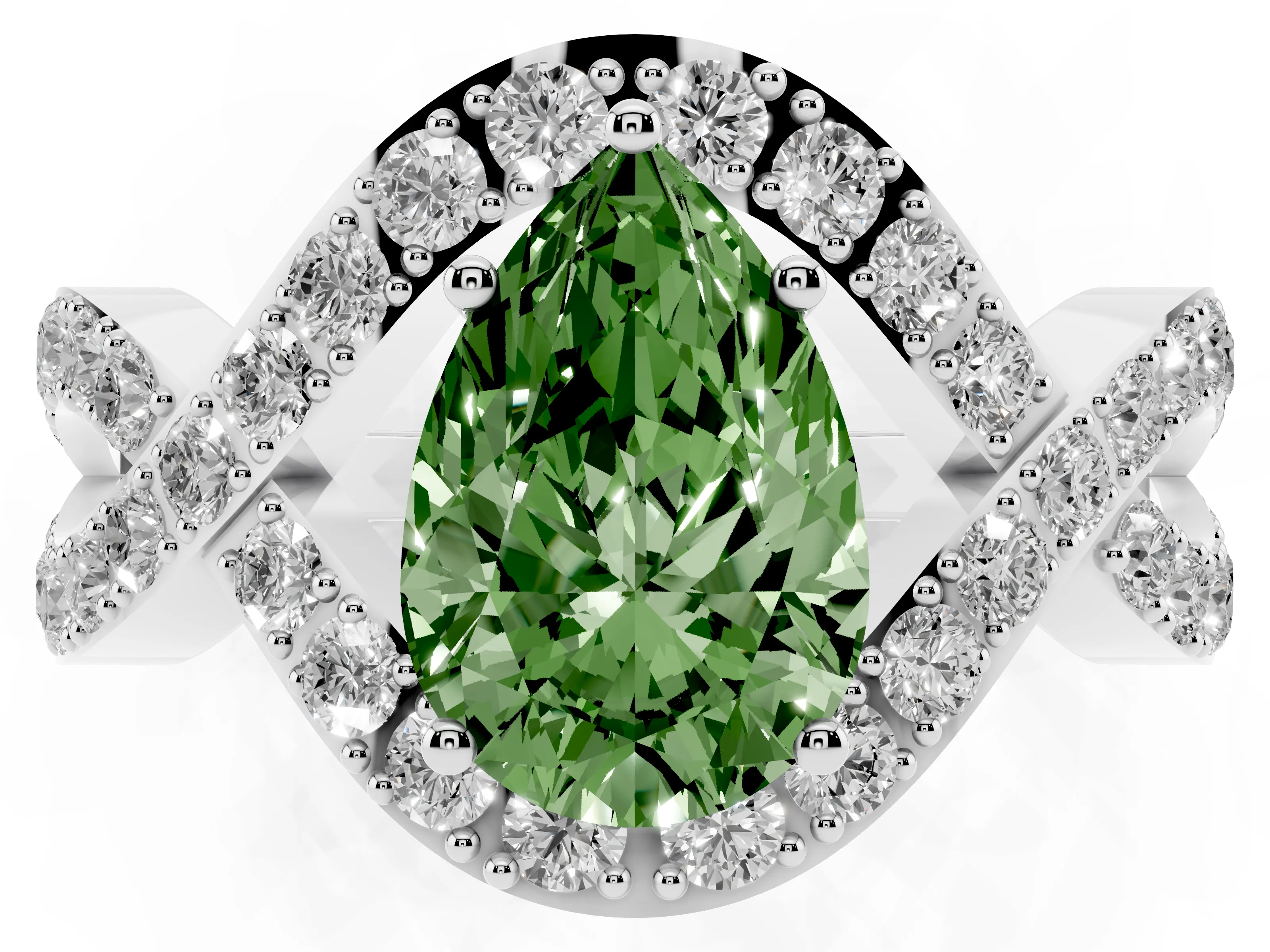 Fancy Green Pear Cut Diamond Solitaire Twist Band Pavé Engagement Ring Set in White gold