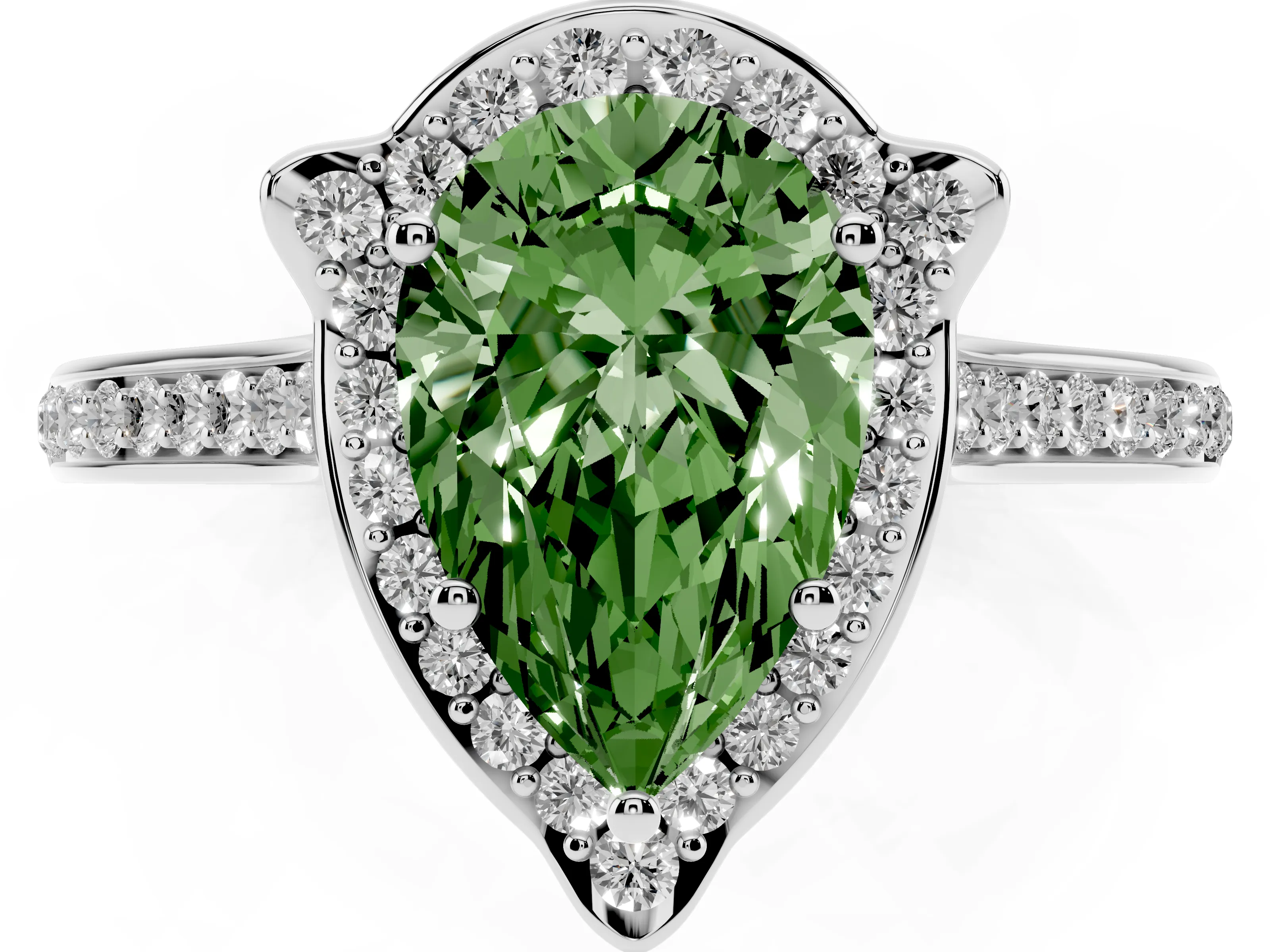 Fancy Green Pear Cut Diamond Halo Ring Set in White gold with Pavé-Lined Shoulders and Prong Setting