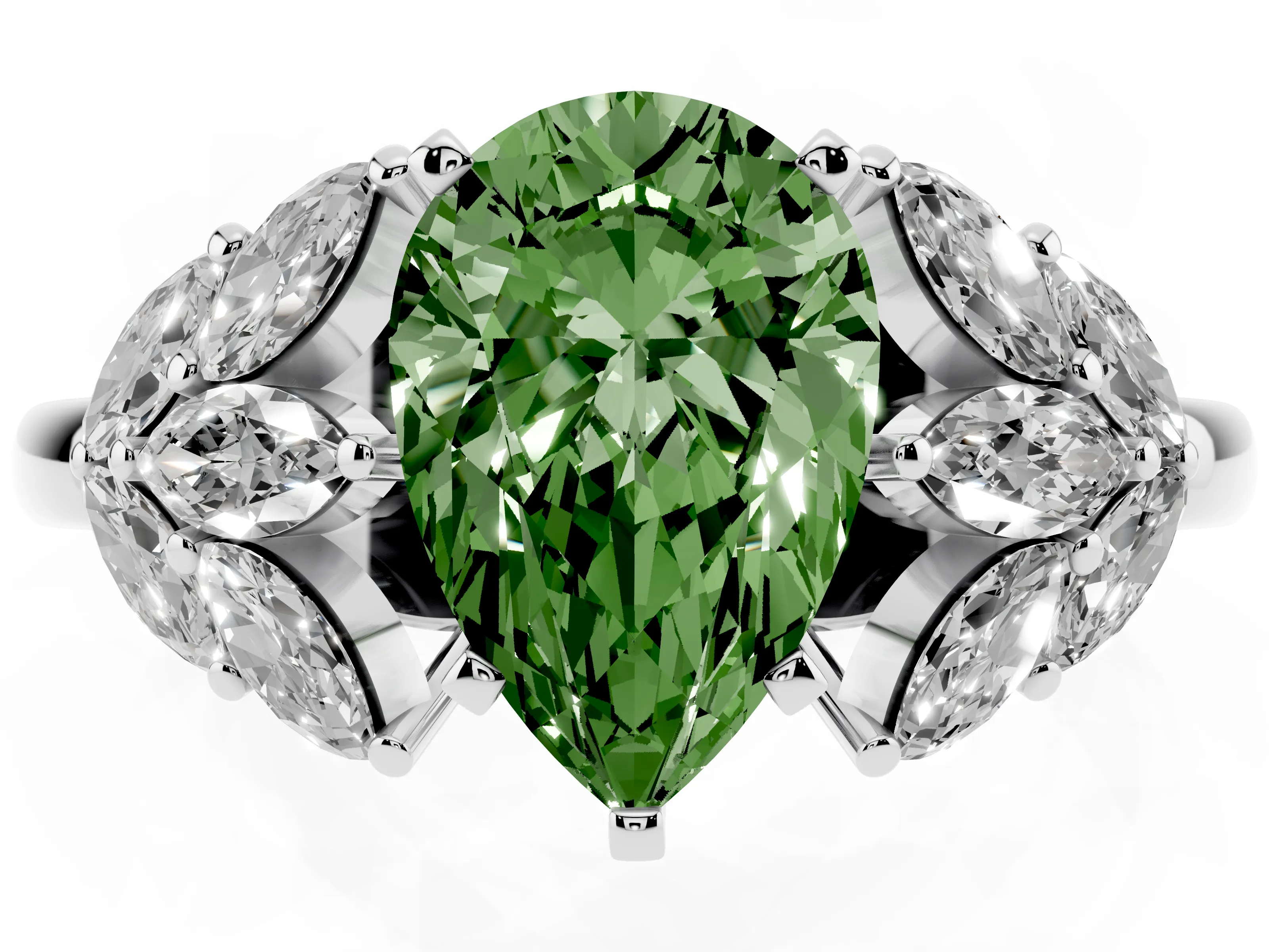 Fancy Green Pear Cut Diamond Cluster Leaf Design Ring Set in Silver with Prong Setting