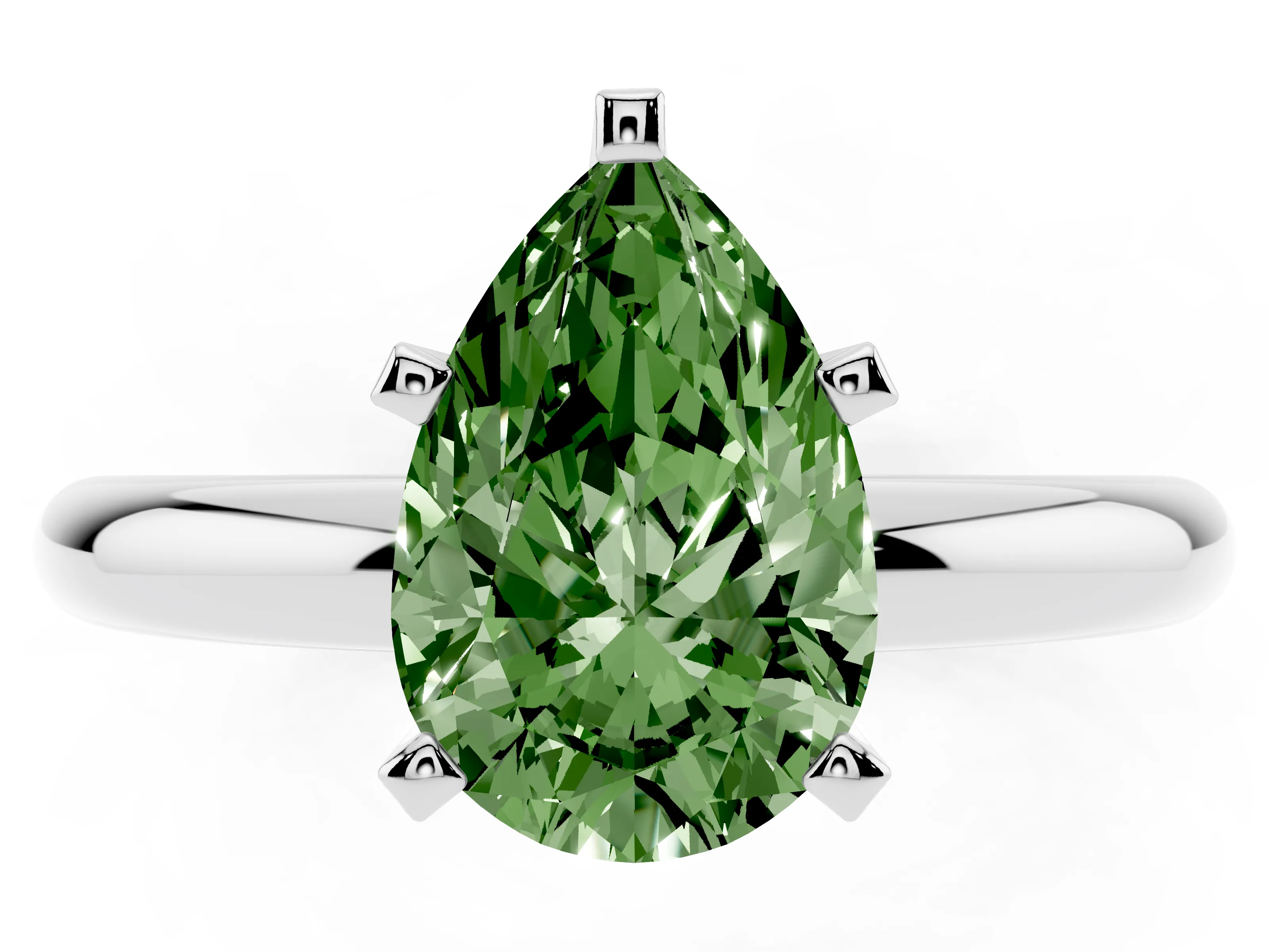Fancy Green Pear Cut Diamond Solitaire Engagement Ring Set in Platinum with Round Band and Prong Setting