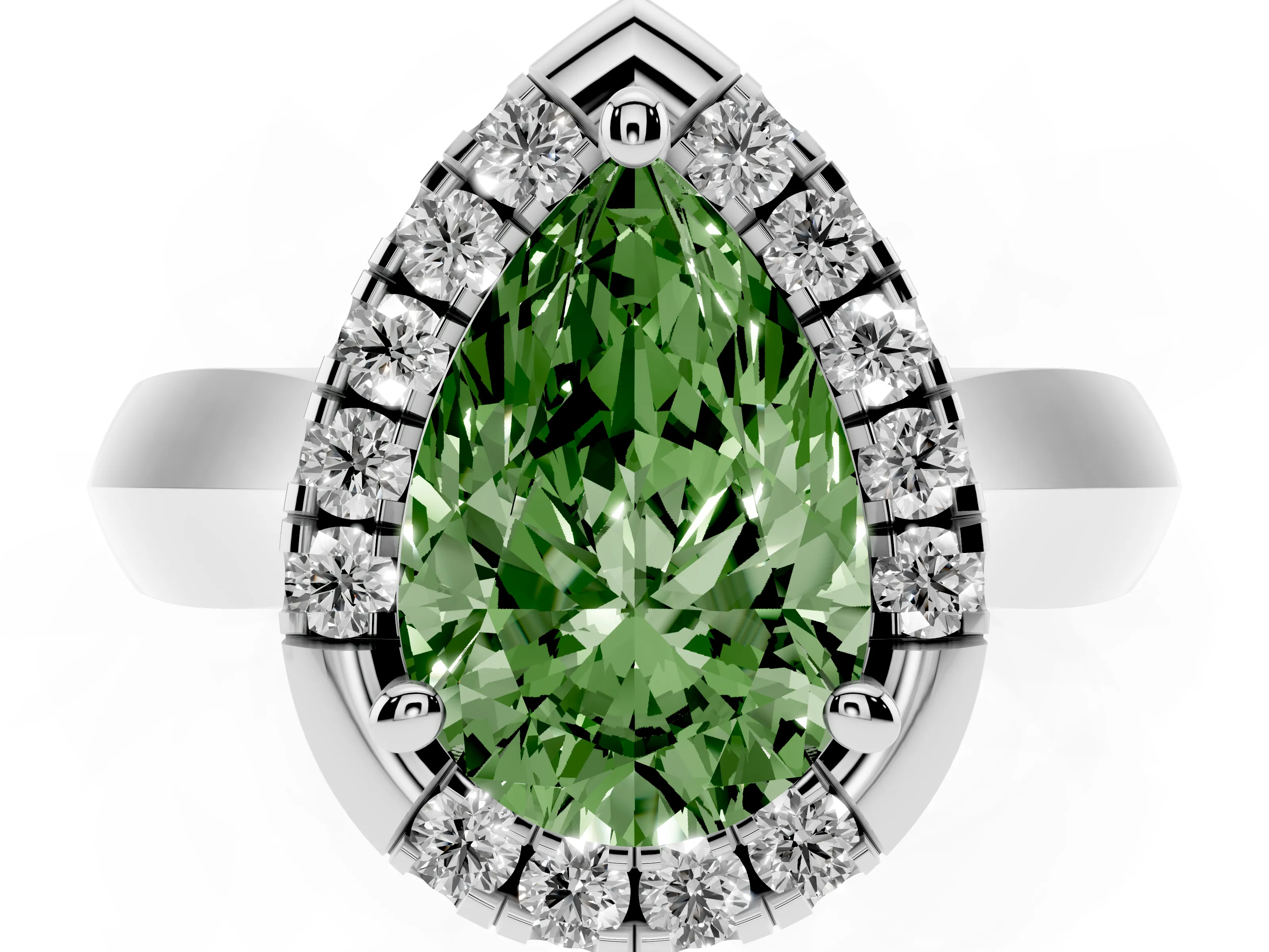 Fancy Green Pear Cut Diamond Halo Solitaire Engagement Ring Set in Silver with Square Band and Prong Setting