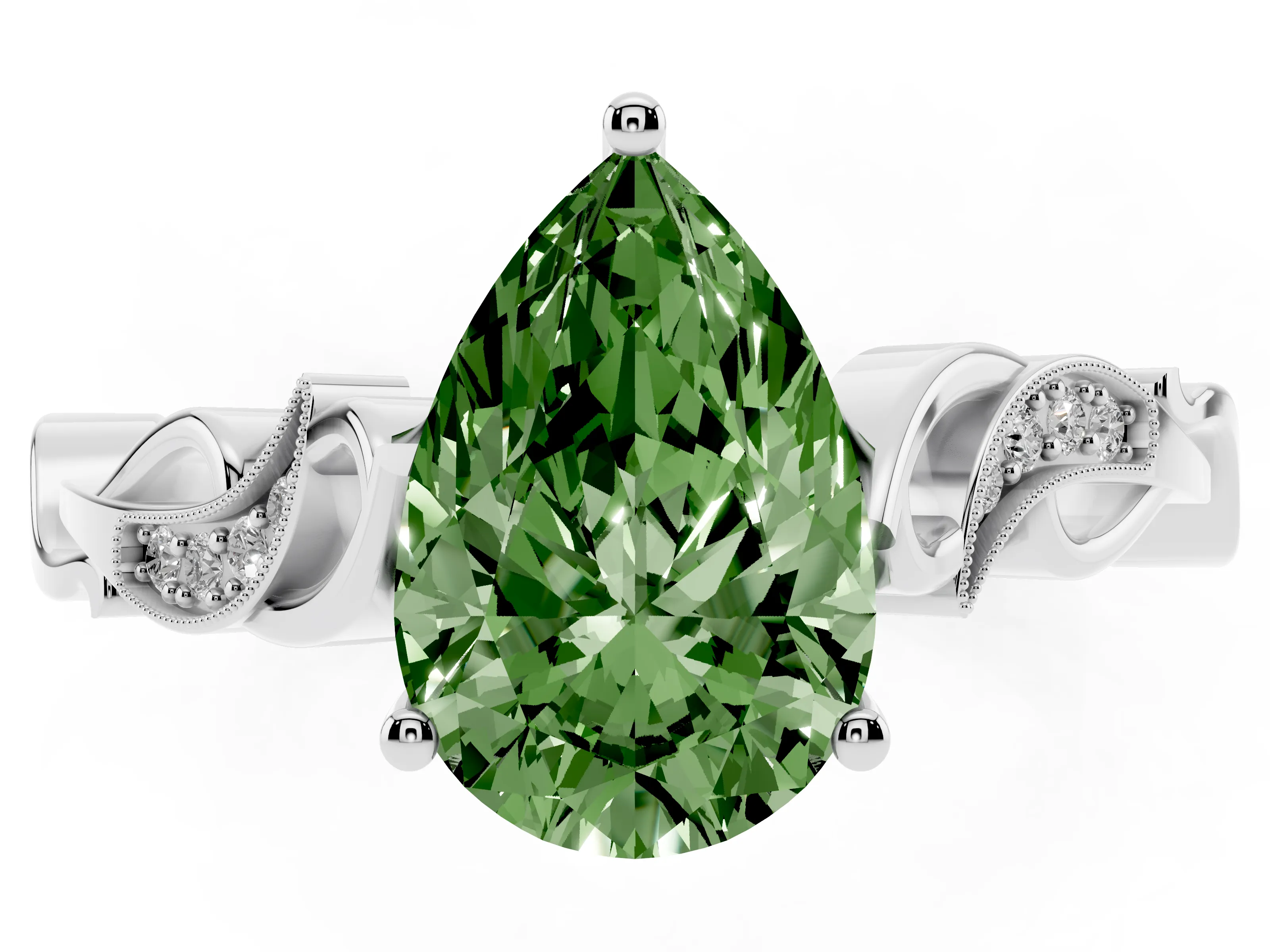 Fancy Green Pear Cut Diamond Vine Band Solitaire Ring Set in White gold with Milgrain Prong Setting