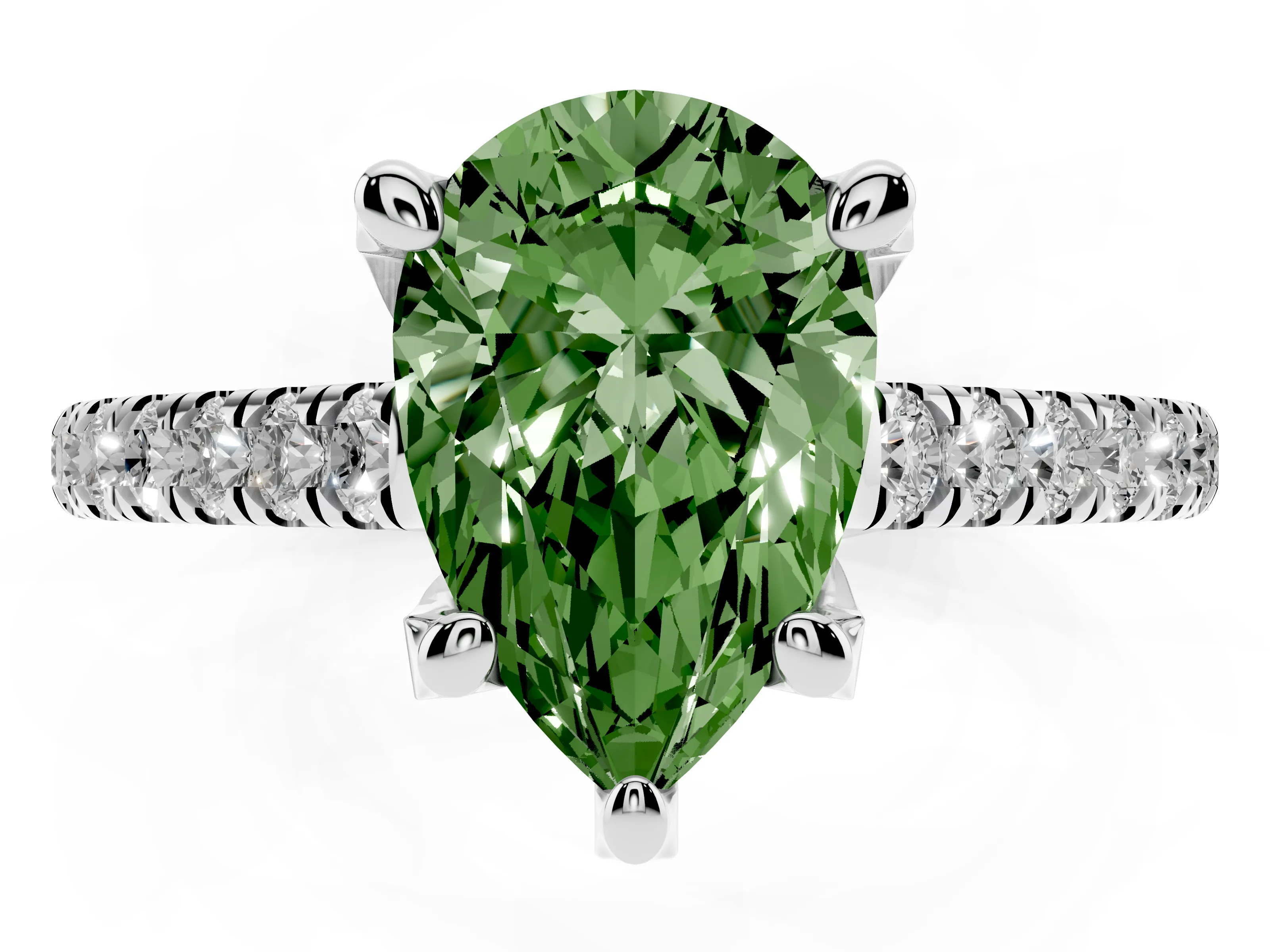 Fancy Green Pear Cut Diamond Solitaire Ring Set in Platinum with Brilliant Pavé Band and Prong Setting