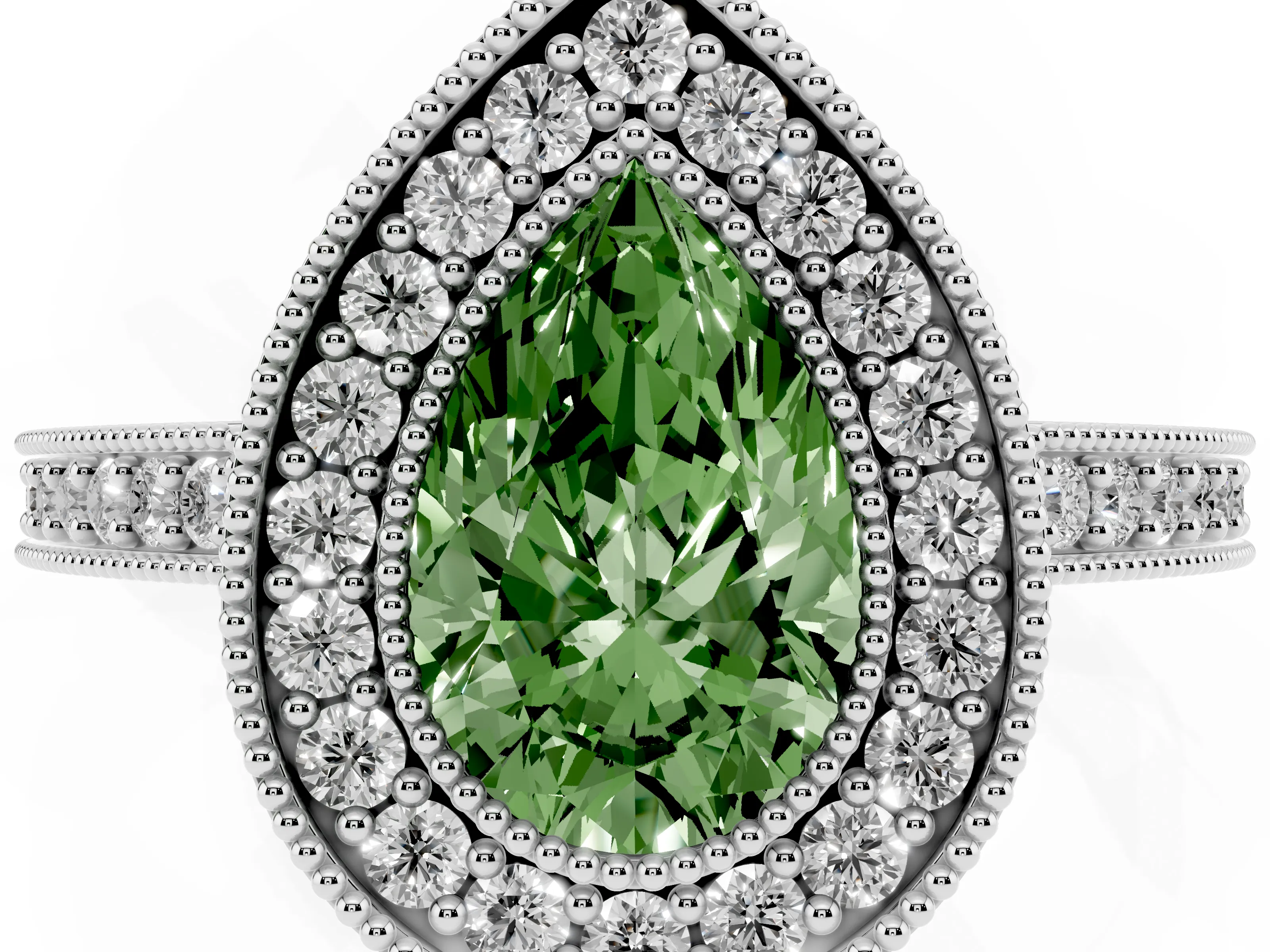 Fancy Green Pear Cut Diamond Halo Engagement Ring Set in White gold with Pavé Band and Round Halo Stones