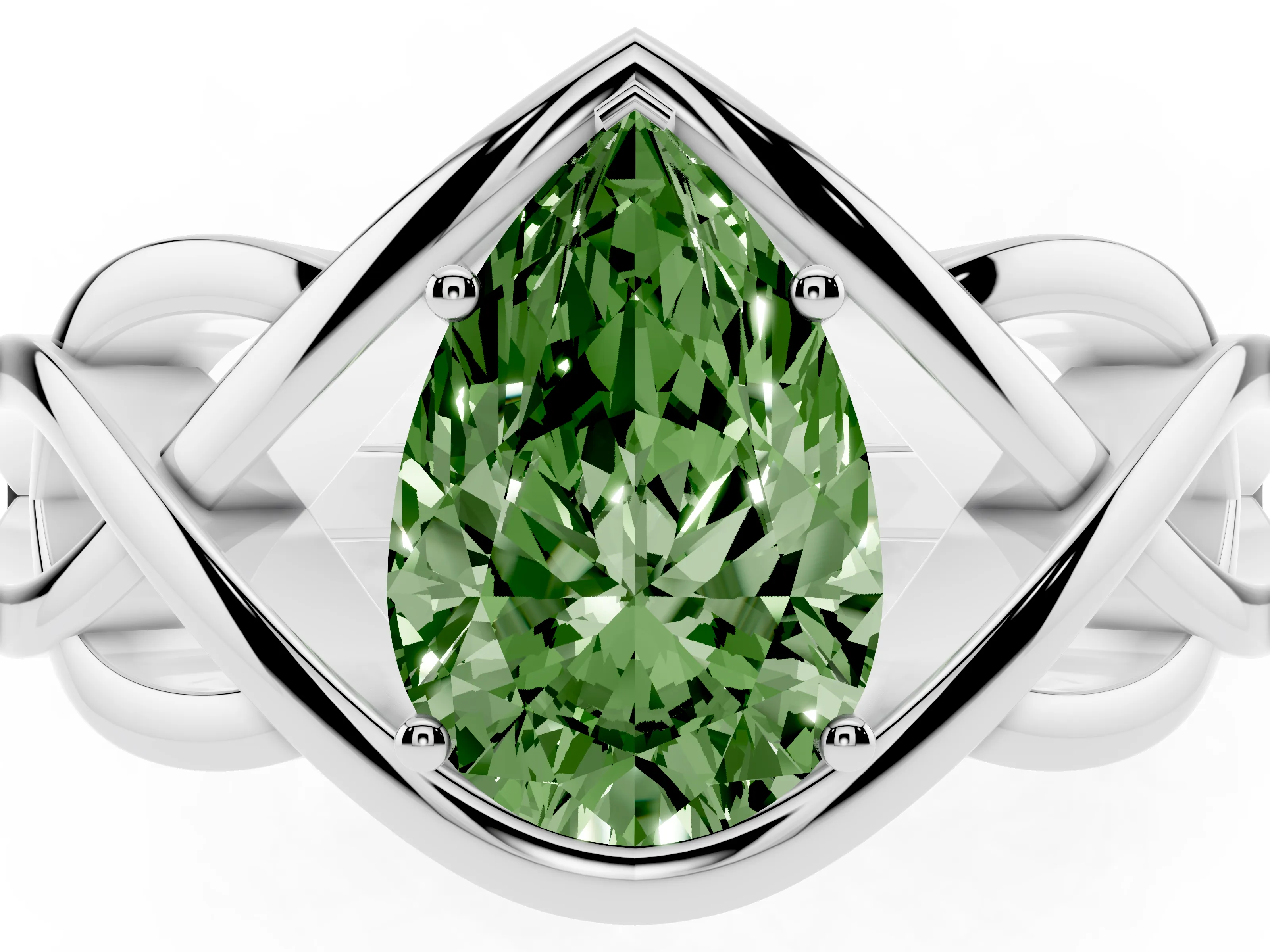 Fancy Green Pear Cut Diamond Solitaire Ring Set in Platinum with Intertwined Band