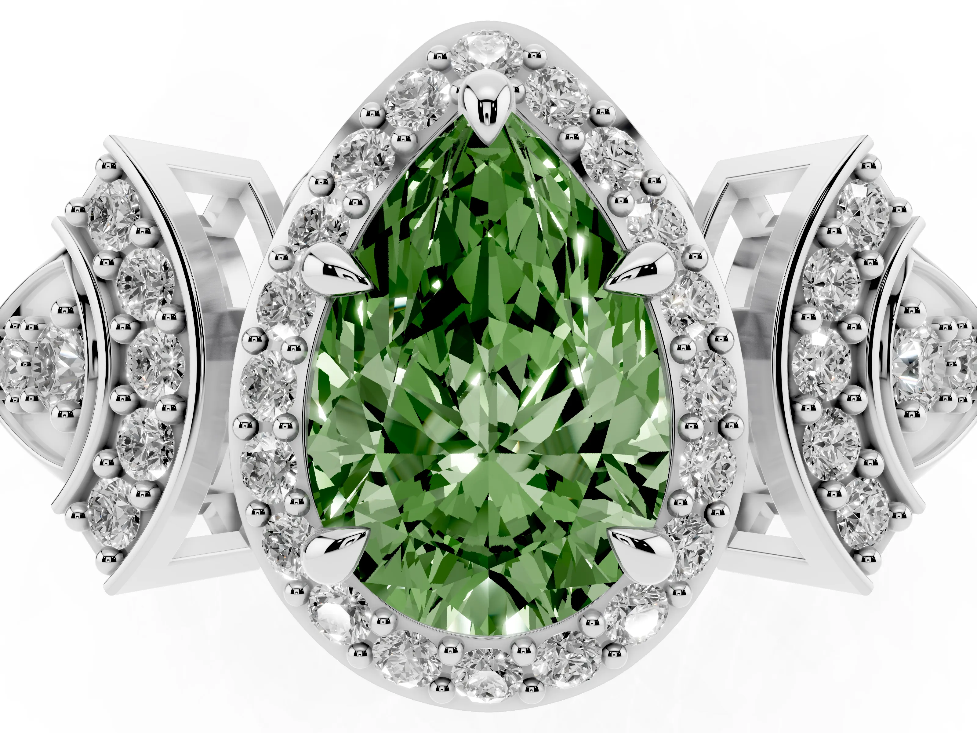 Fancy Green Pear Cut Diamond Halo Engagement Ring Set in Silver with Accent Stone Split Shank