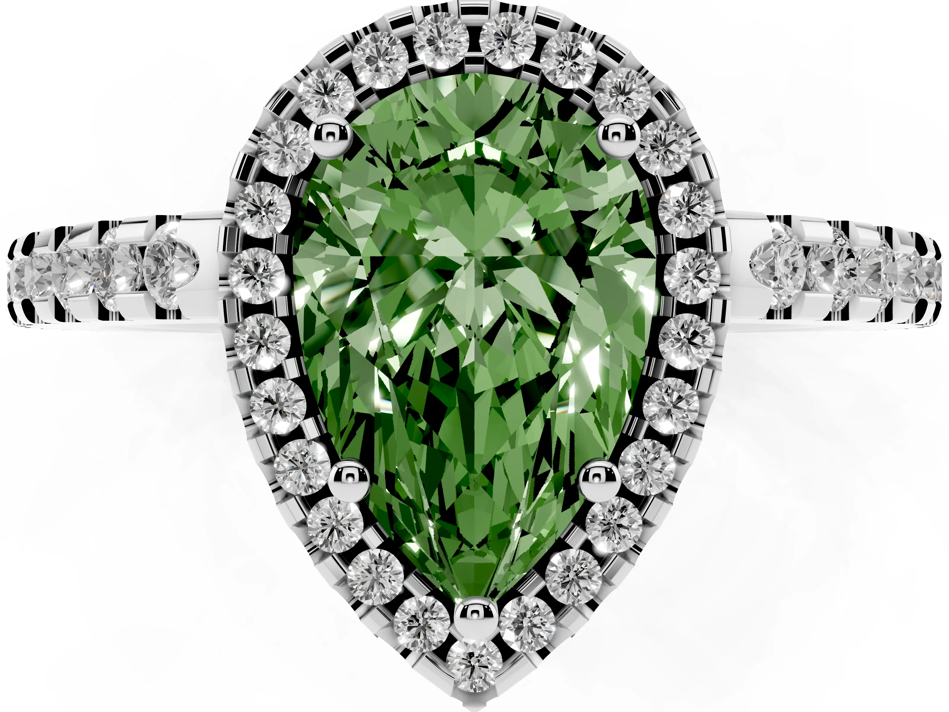 Fancy Green Pear Cut Diamond Halo Ring Set in Silver with Pavé Shoulders and Halo-Framed Center