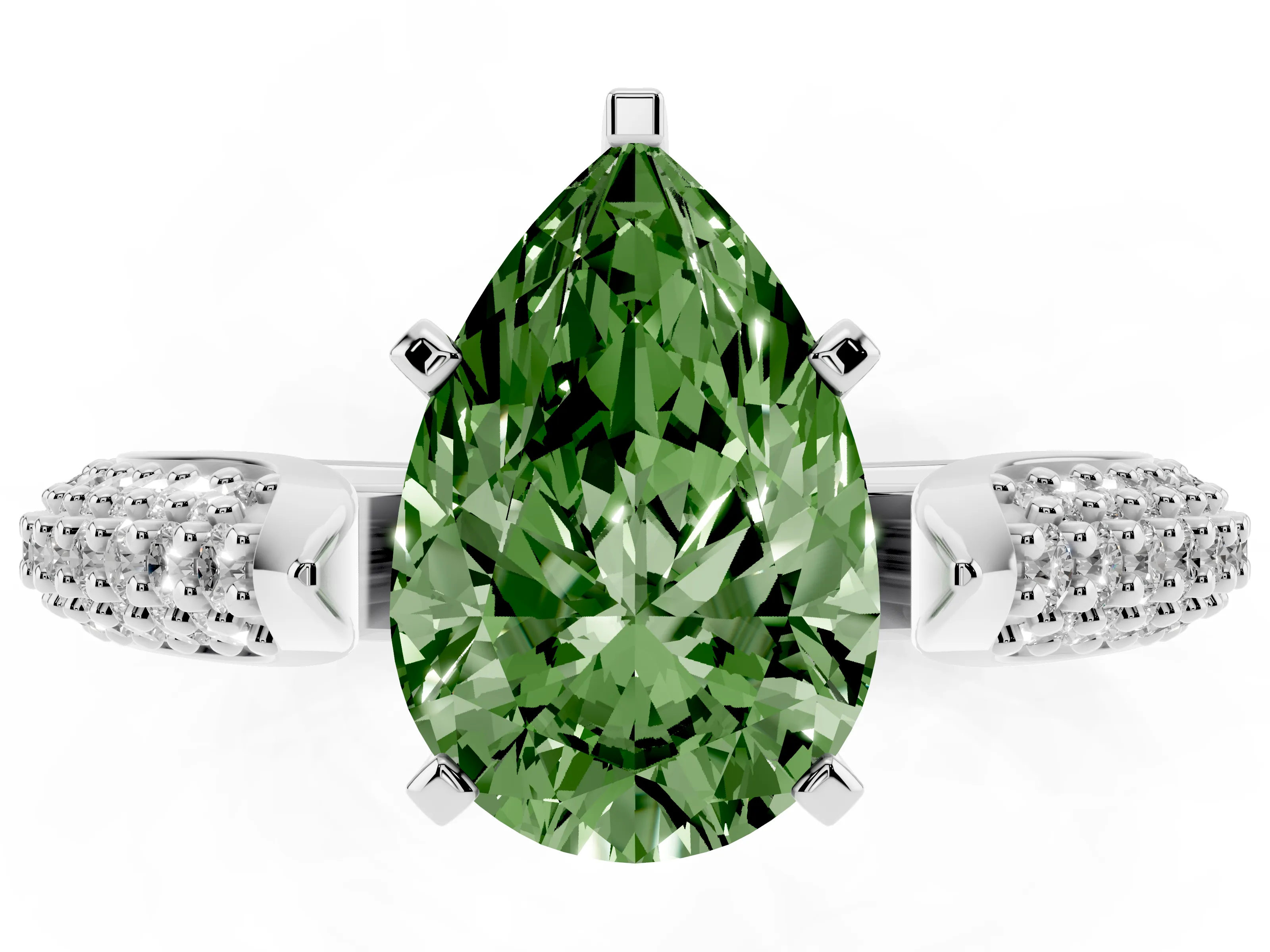 Fancy Green Pear Cut Diamond Solitaire Engagement Ring Set in White gold with Multi-Row Round Pavé Band and Prong Setting