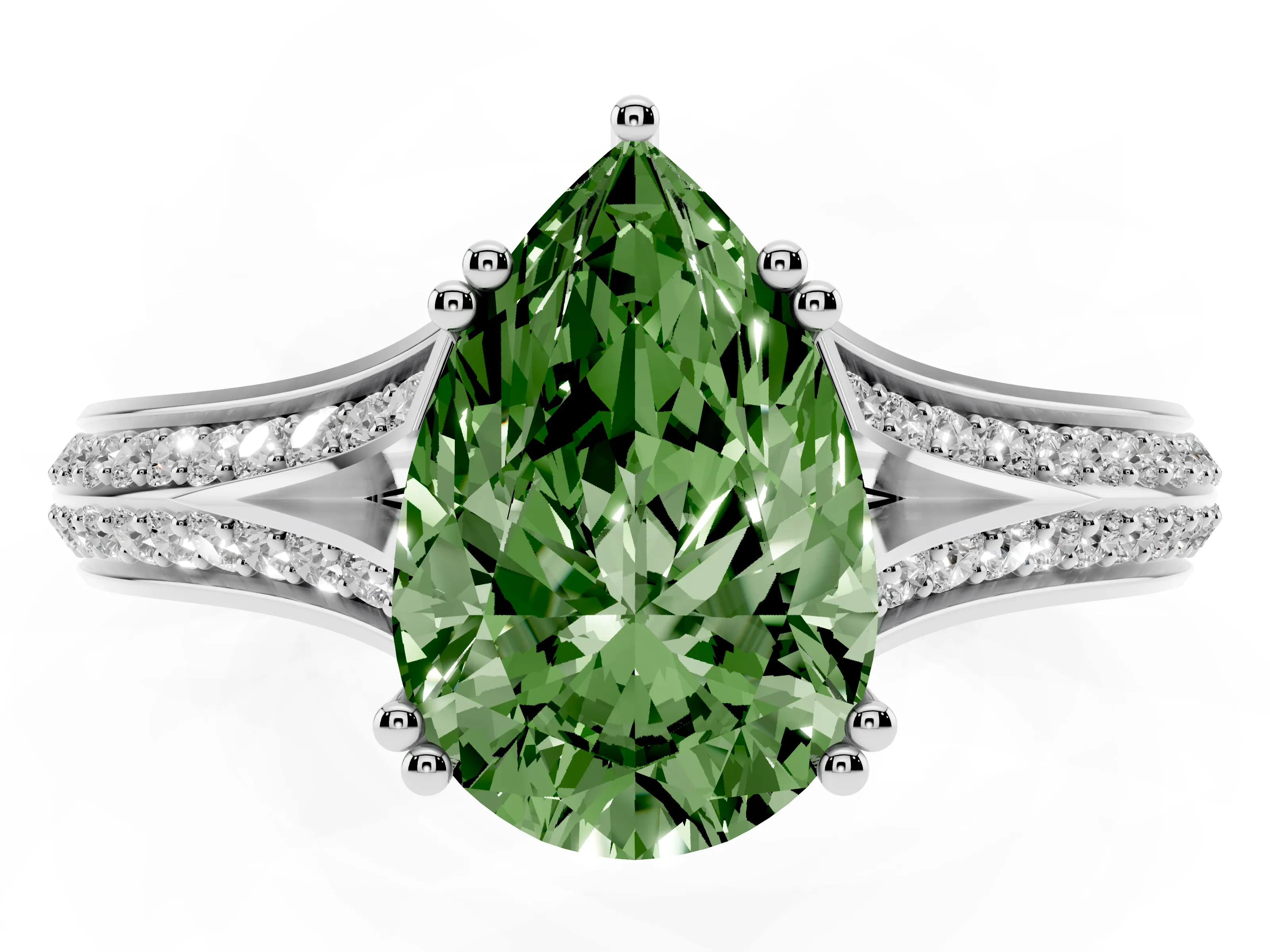 Fancy Green Pear Cut Diamond Split Shank Pavé Engagement Ring Set in Platinum with Prong-Set Center Stone