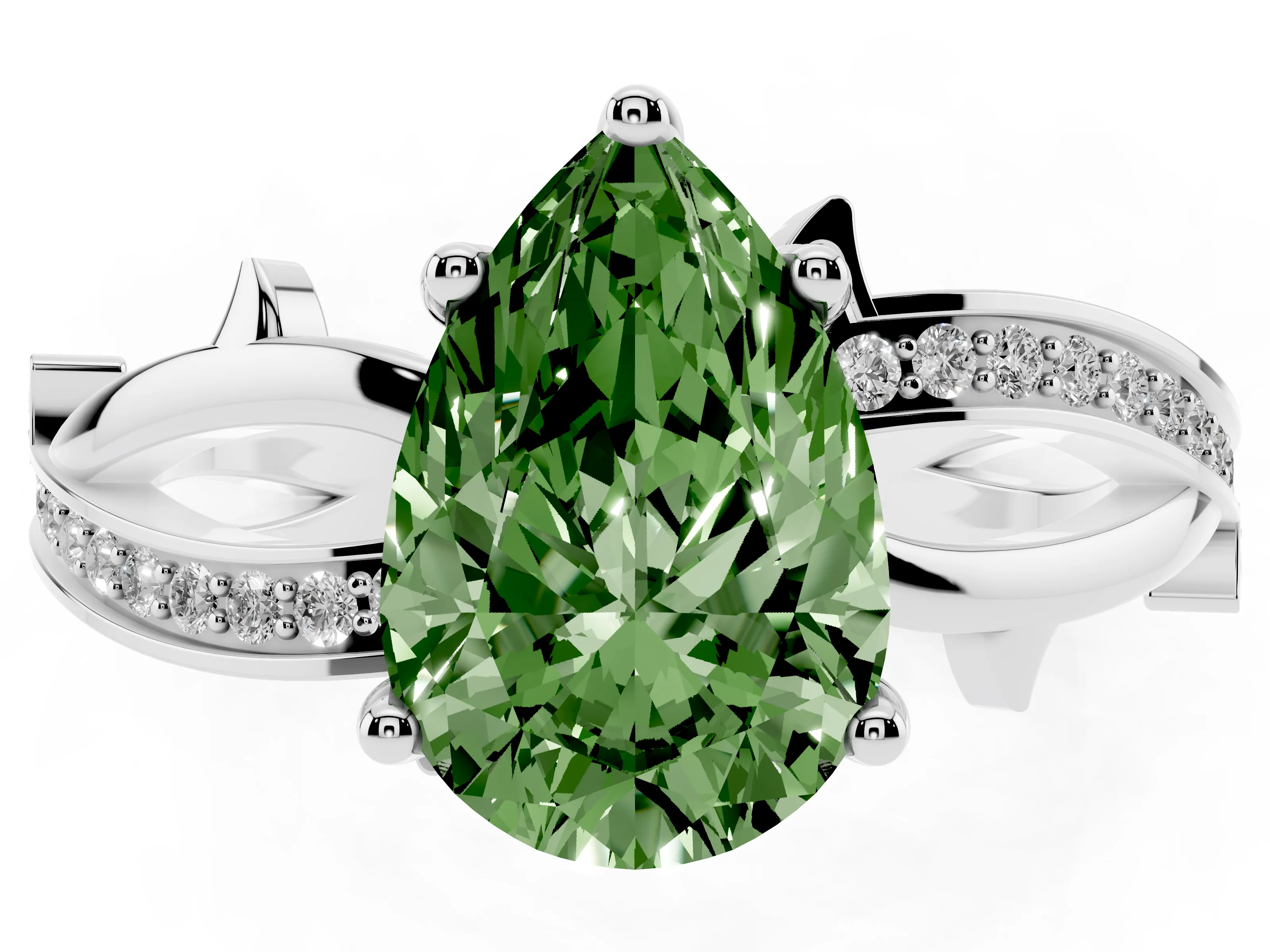 Fancy Green Pear Cut Diamond Pavé Twist Band Solitaire Ring Set in Silver with Prong Setting