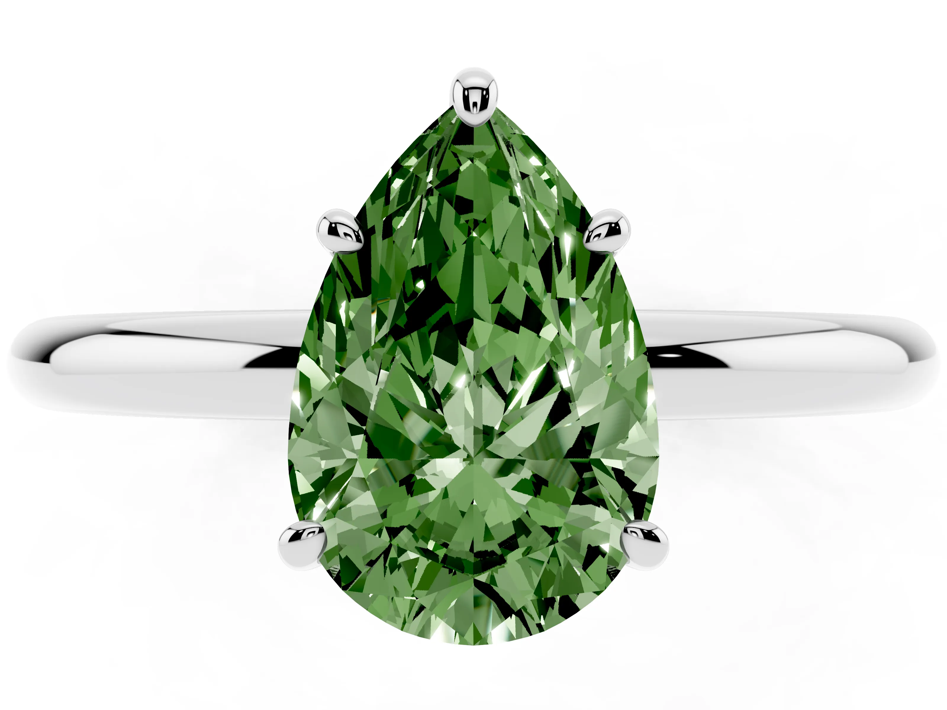 Fancy Green Pear Cut Diamond Solitaire Ring Set in White gold with Prong Setting on a Polished Plain Band