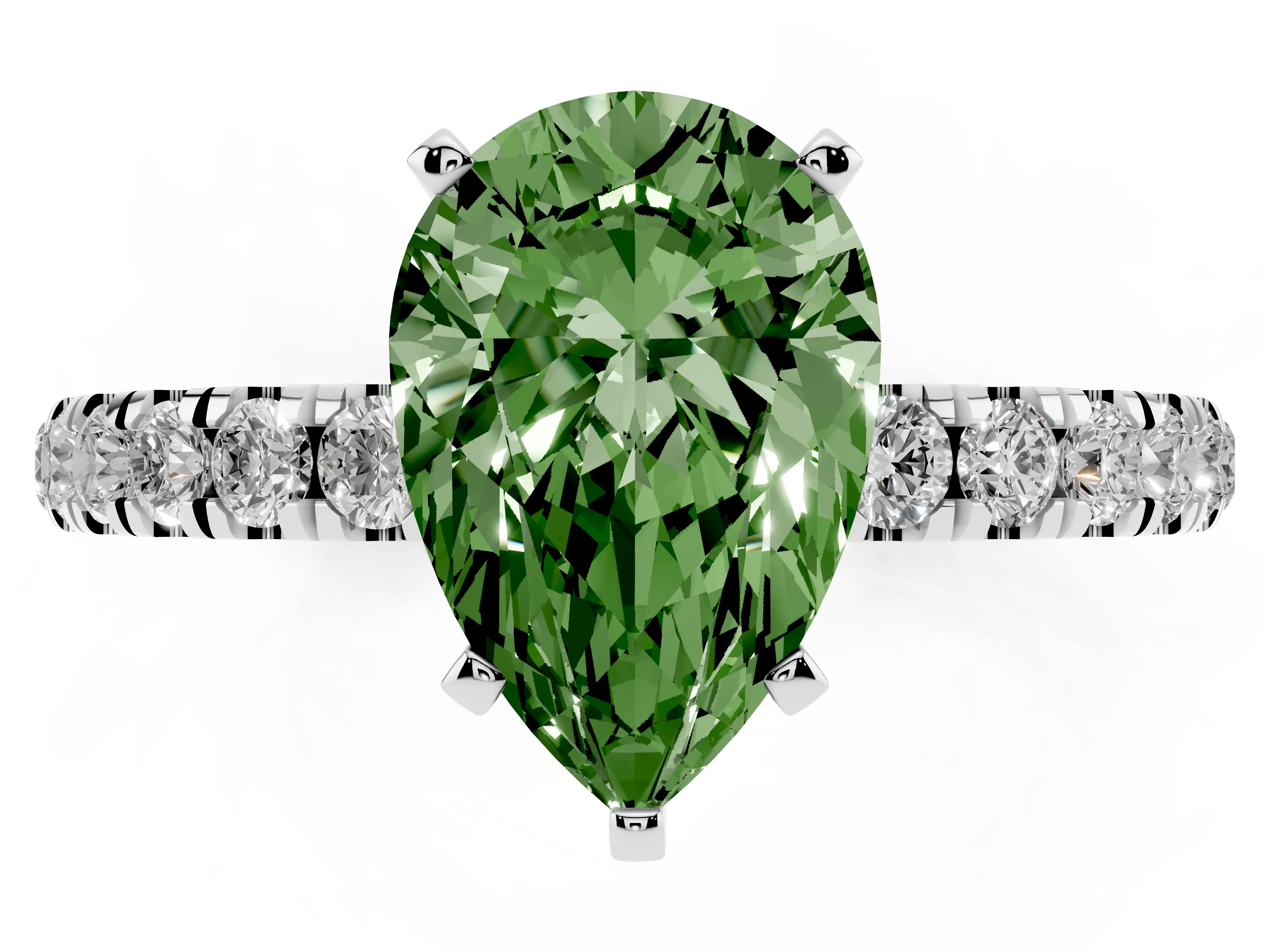 Fancy Green Pear Cut Diamond Solitaire Ring Set in Platinum with Pavé Accents and Prong Setting