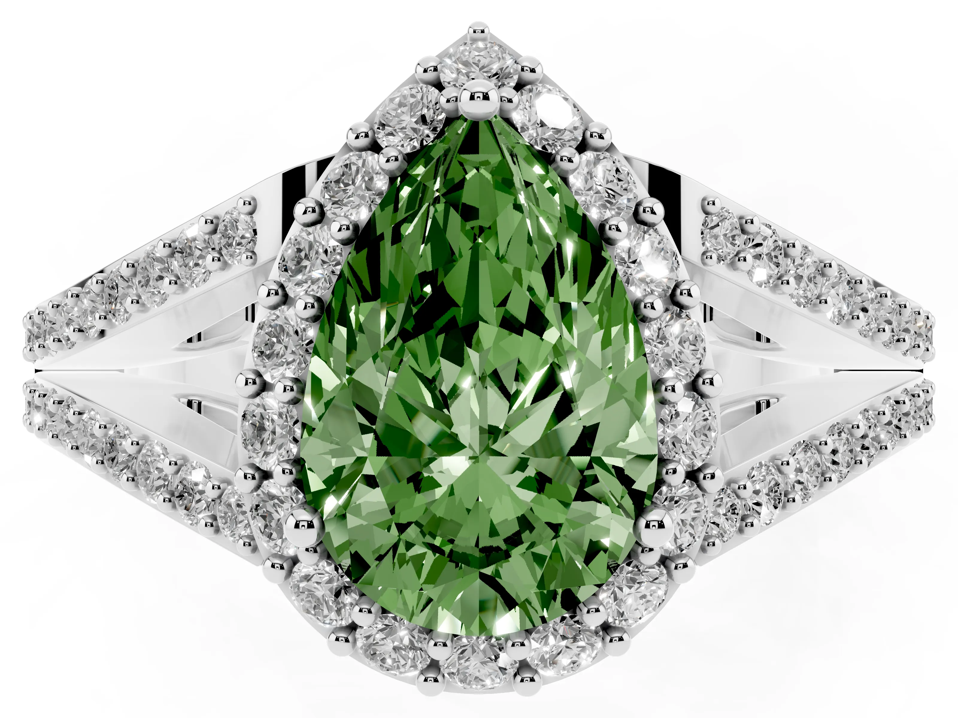 Fancy Green Pear Cut Diamond Halo Split Shank Pavé Ring Set in Silver with Prong Setting