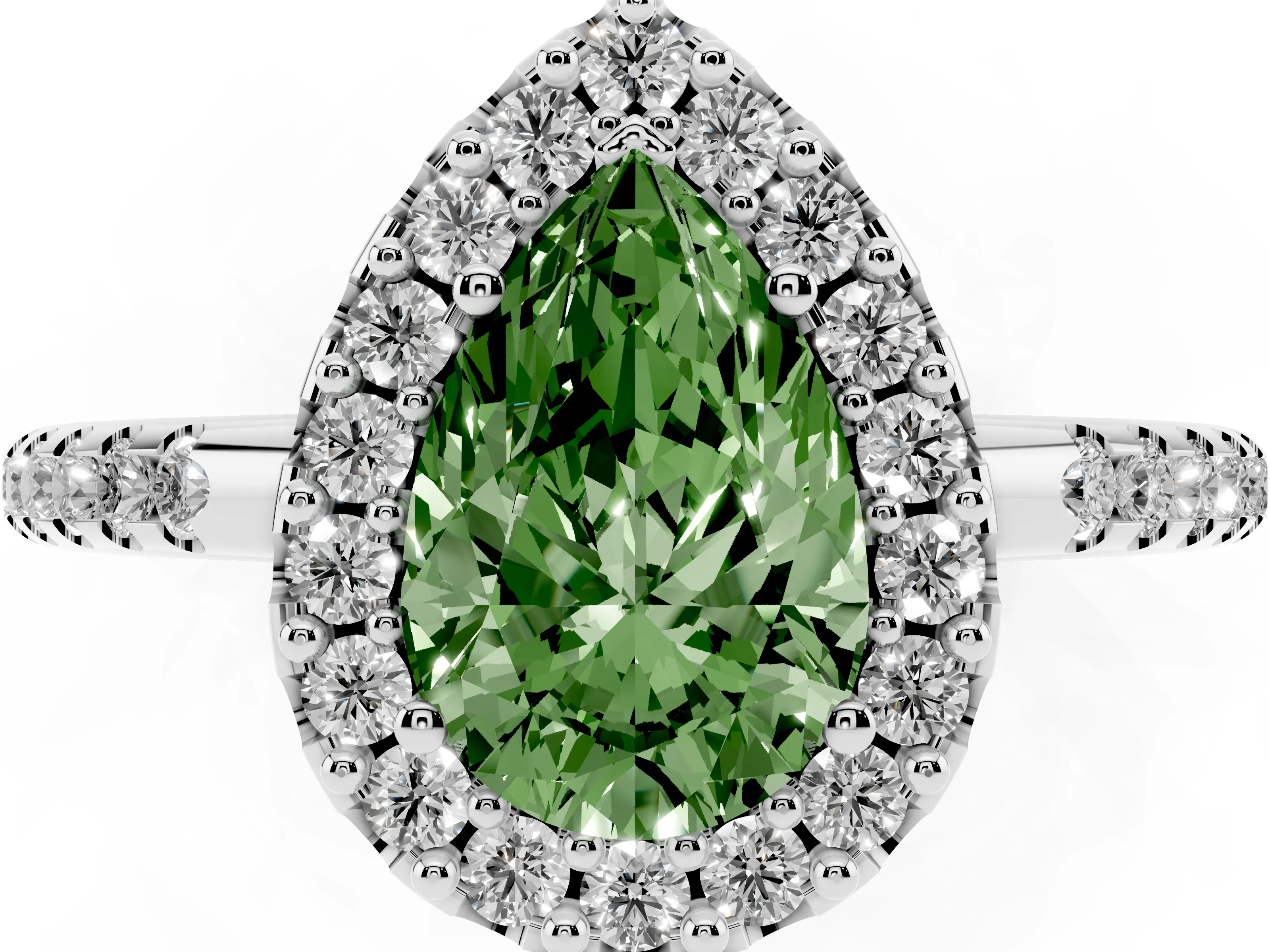 Fancy Green Pear Cut Diamond Pavé Halo Ring Set in Silver with Prong Setting