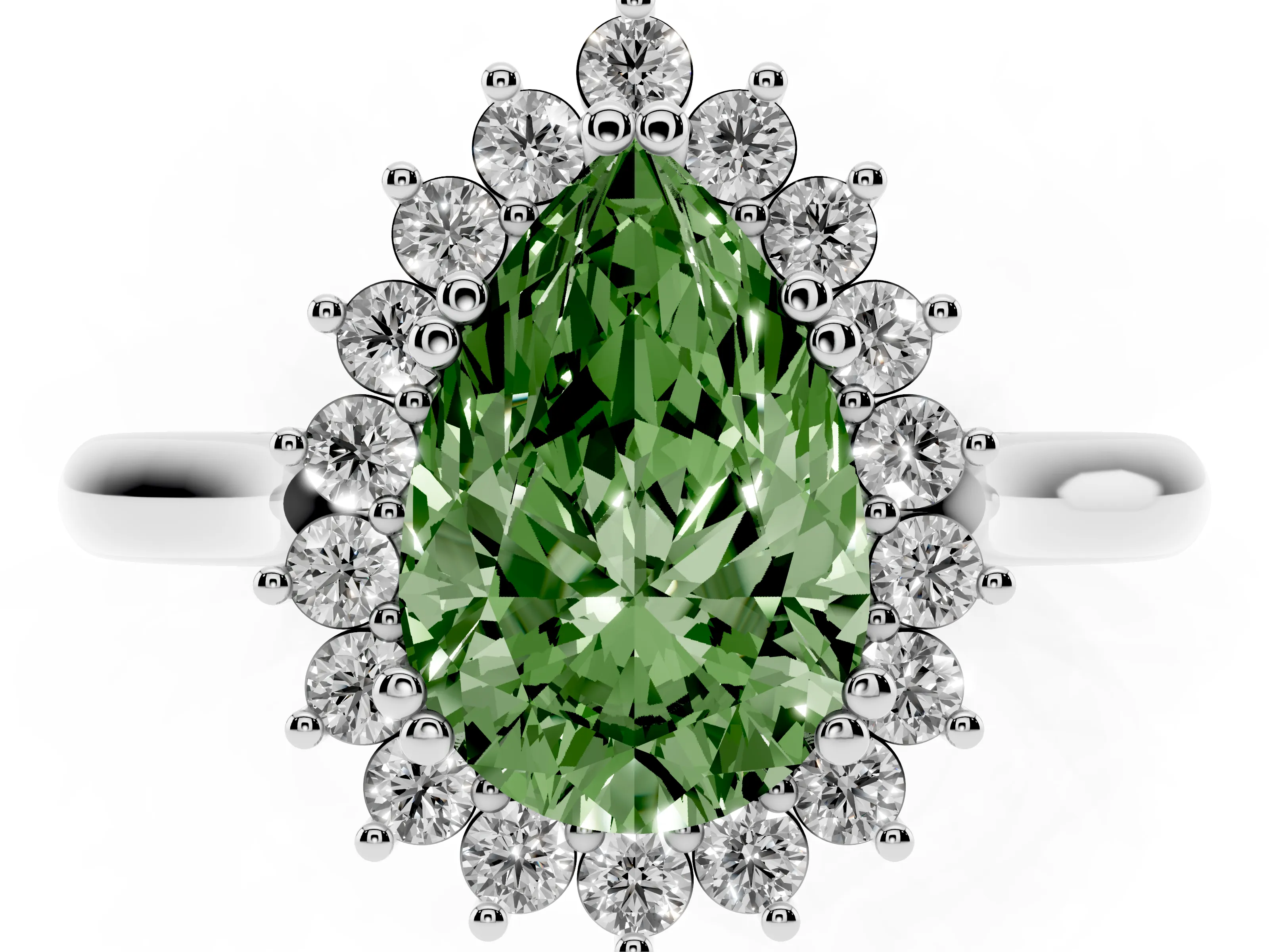 Fancy Green Pear Cut Diamond Halo Ring Set in Silver with Plain Solitaire Band and Prong Setting