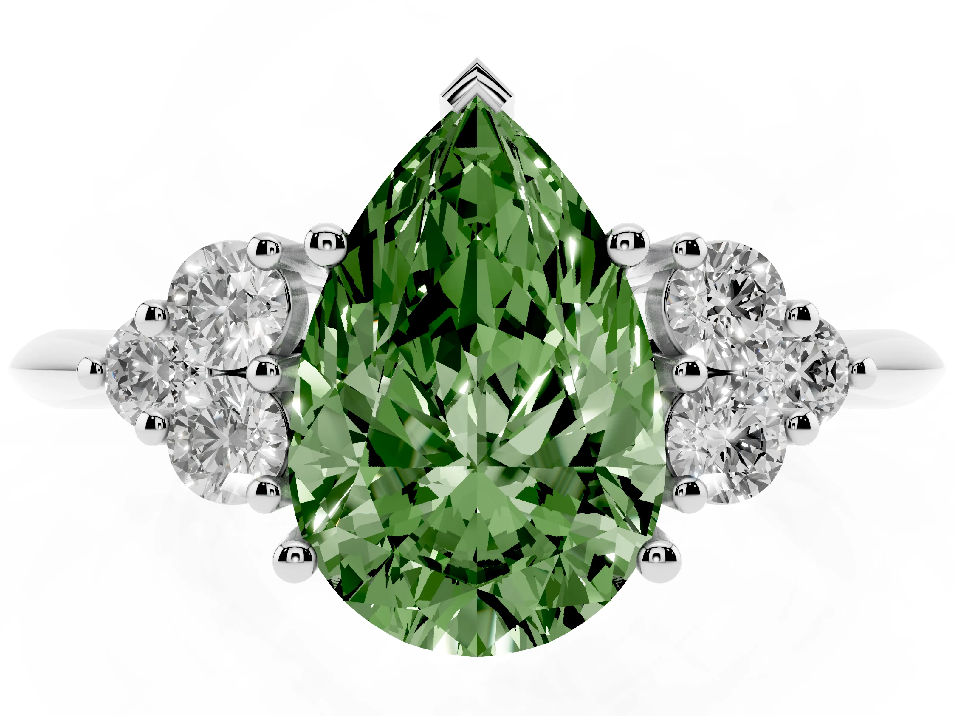 Fancy Green Pear Cut Diamond Cluster Ring Set in White gold with Plain Band and Prong Setting