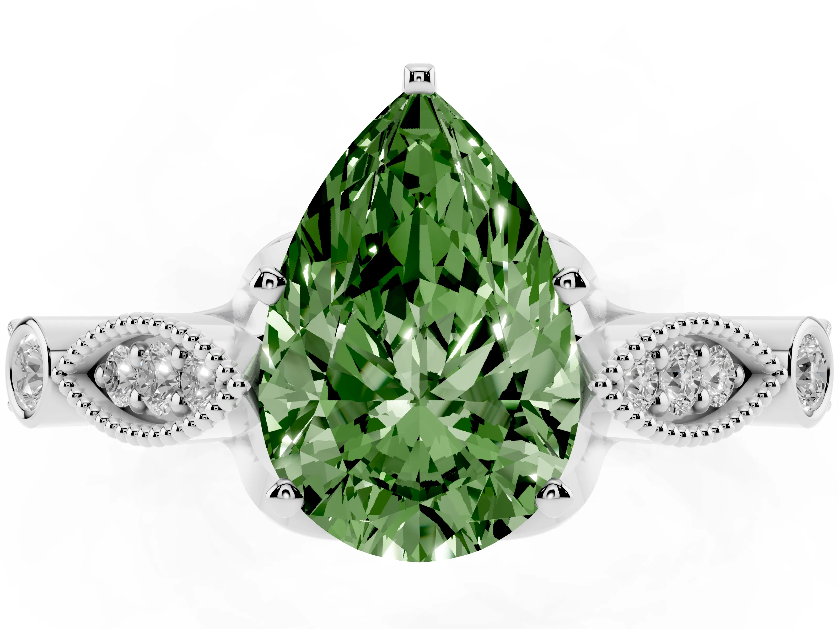 Fancy Green Pear Cut Diamond Solitaire Ring Set in White gold with Milgrain Marquise and Bezel Accents