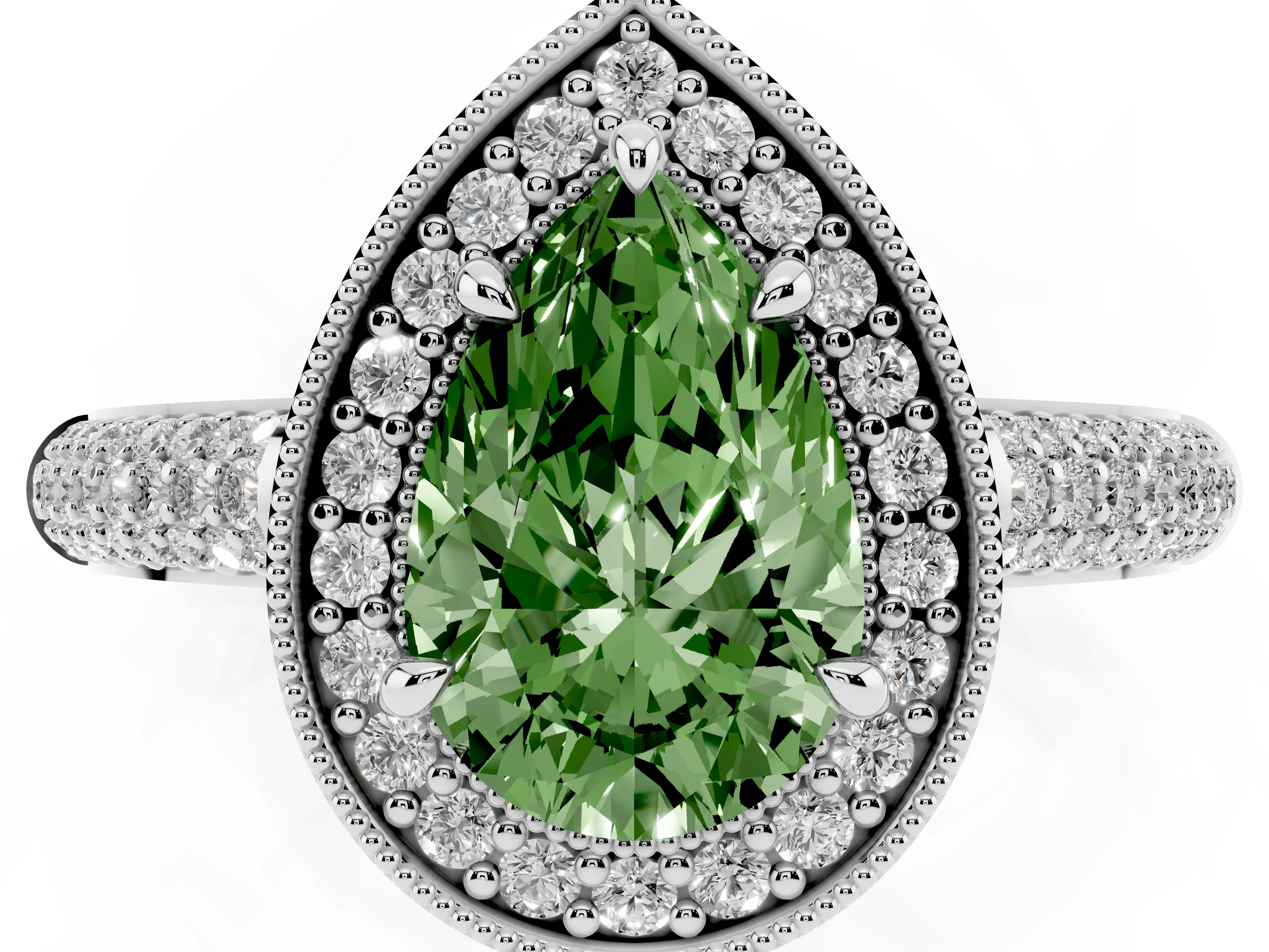 Fancy Green Pear Cut Diamond Halo Pavé Band Set in Platinum with Prong Setting