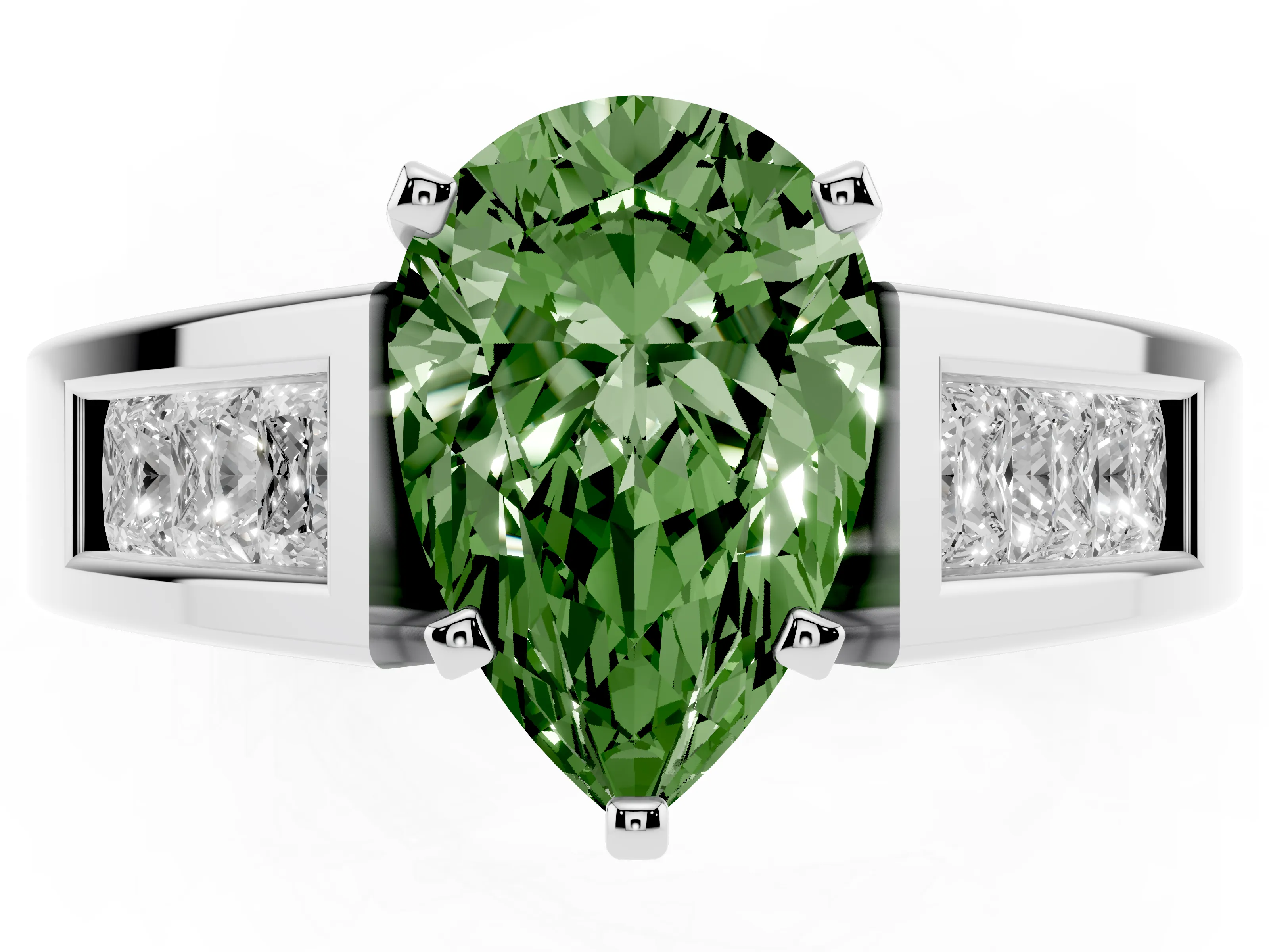Fancy Green Pear Cut Diamond Solitaire Ring Set in Platinum with Channel-Set Accent Stones and Prong Setting
